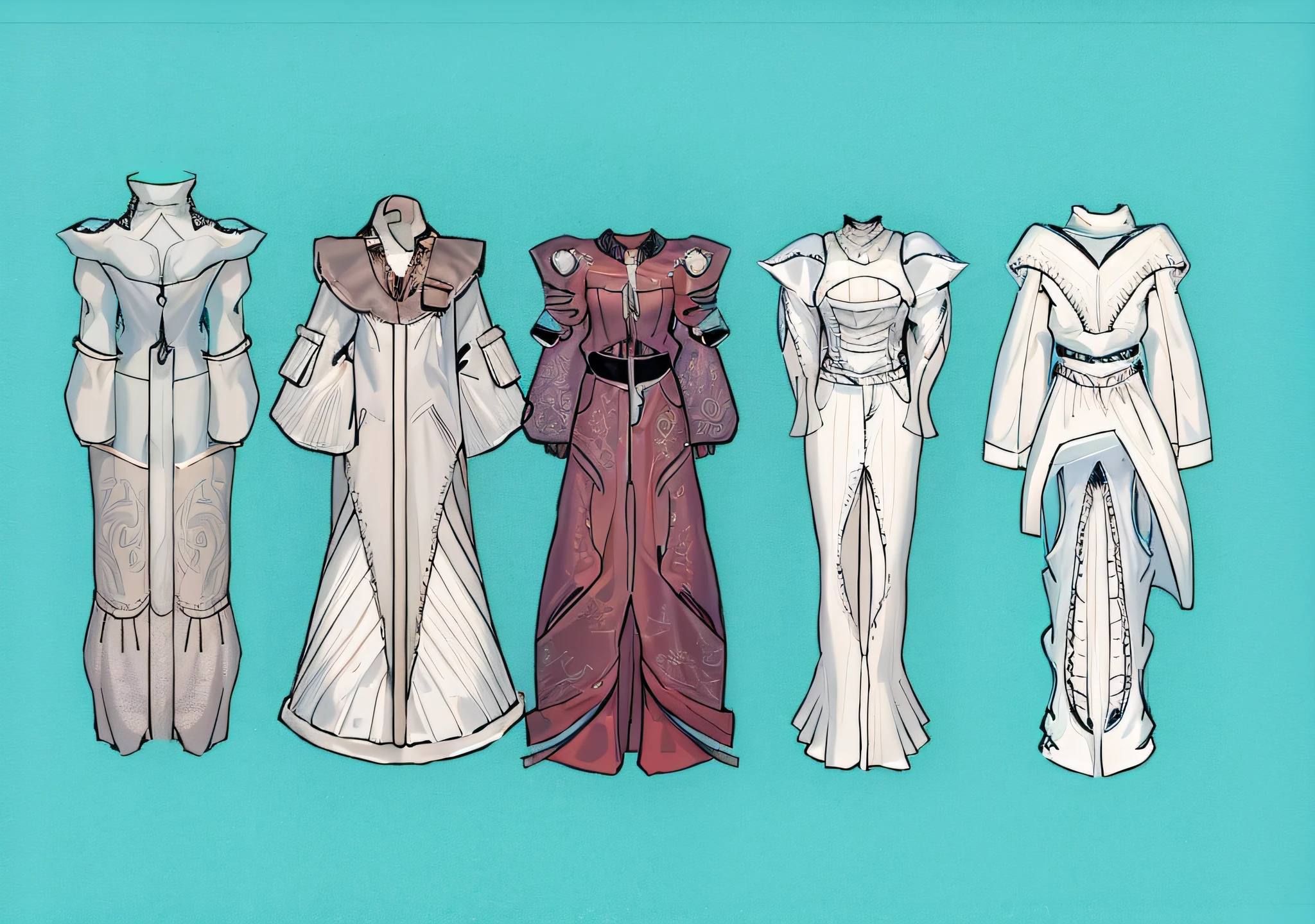 Line drawing of a series of dresses in different styles, clothing design, clothing design, clothing concept, robe! iintricate, clothing design, Intricate robes, futuristic clothes, Intricate Fantasy Robes, Diverse clothing, clothing design, clothes from the future, clear outfit design, Astral Witch Clothes, Complex clothes, Cypherpunk fashion illustration, futuristic outfit, Fantasy style clothing