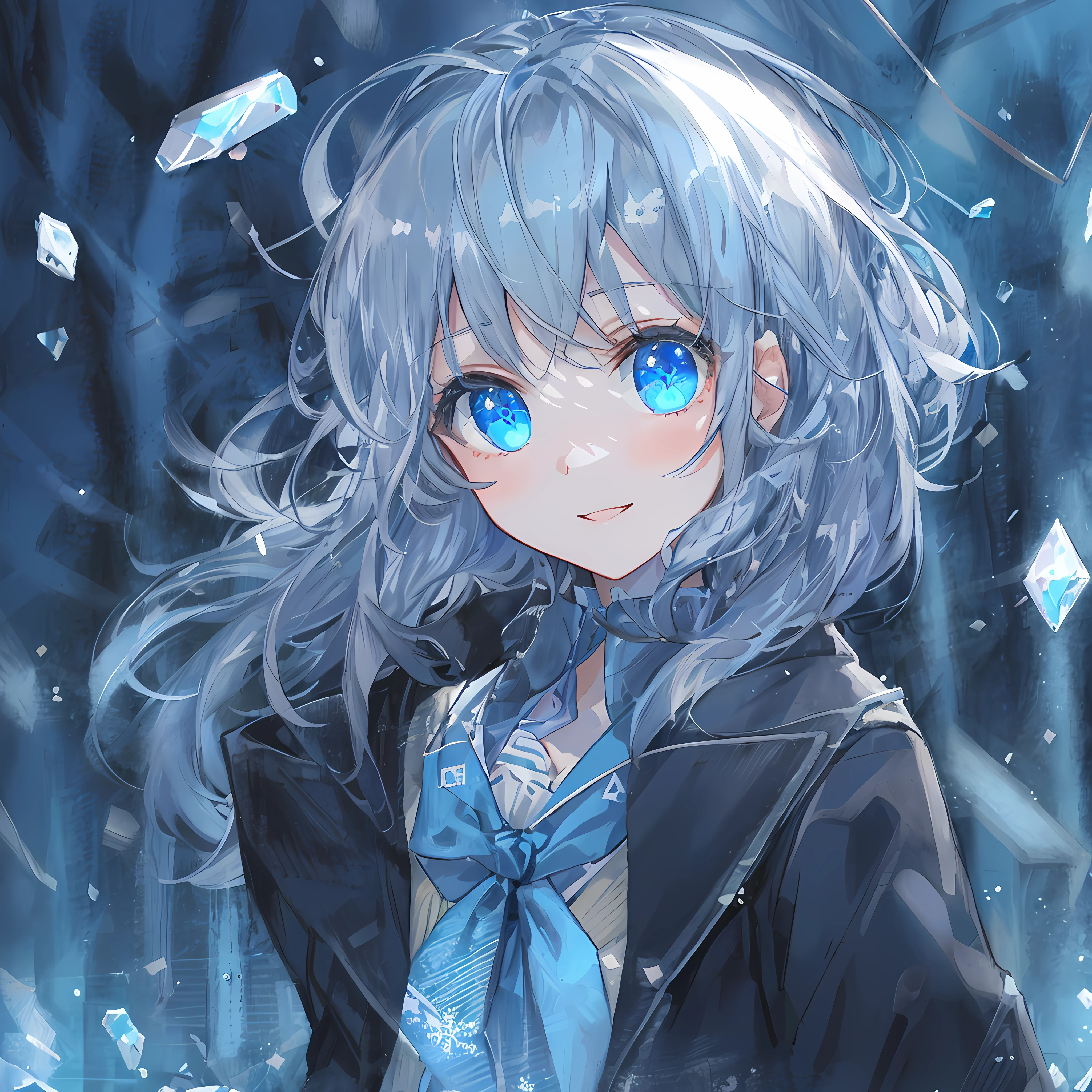((quality)), ((tmasterpiece)), ((ultra - detailed)), (Extremely Delicately Beautiful), girl vs., 独奏, Cold attitude,((Black jacket)),She is very(unwind)with the(settle down)looks,A brunette one, depth of fields,energetic smile,airbubble, under the water, airbubble,bright light blue eyes,interior color,Bright gray hair,light blue hair tips,,,,,,,Cold background,Bob Hair - Linear Art, shorter pants、knee length socks、white like school uniform、Light blue ribbon tie、The clothes are transparent、Put your hands in your pockets,Right eye like sapphire,Blue shoulder straps, A small blue light drifts by、Upper Eye、Glass shards、snowflake eyes magical eyes