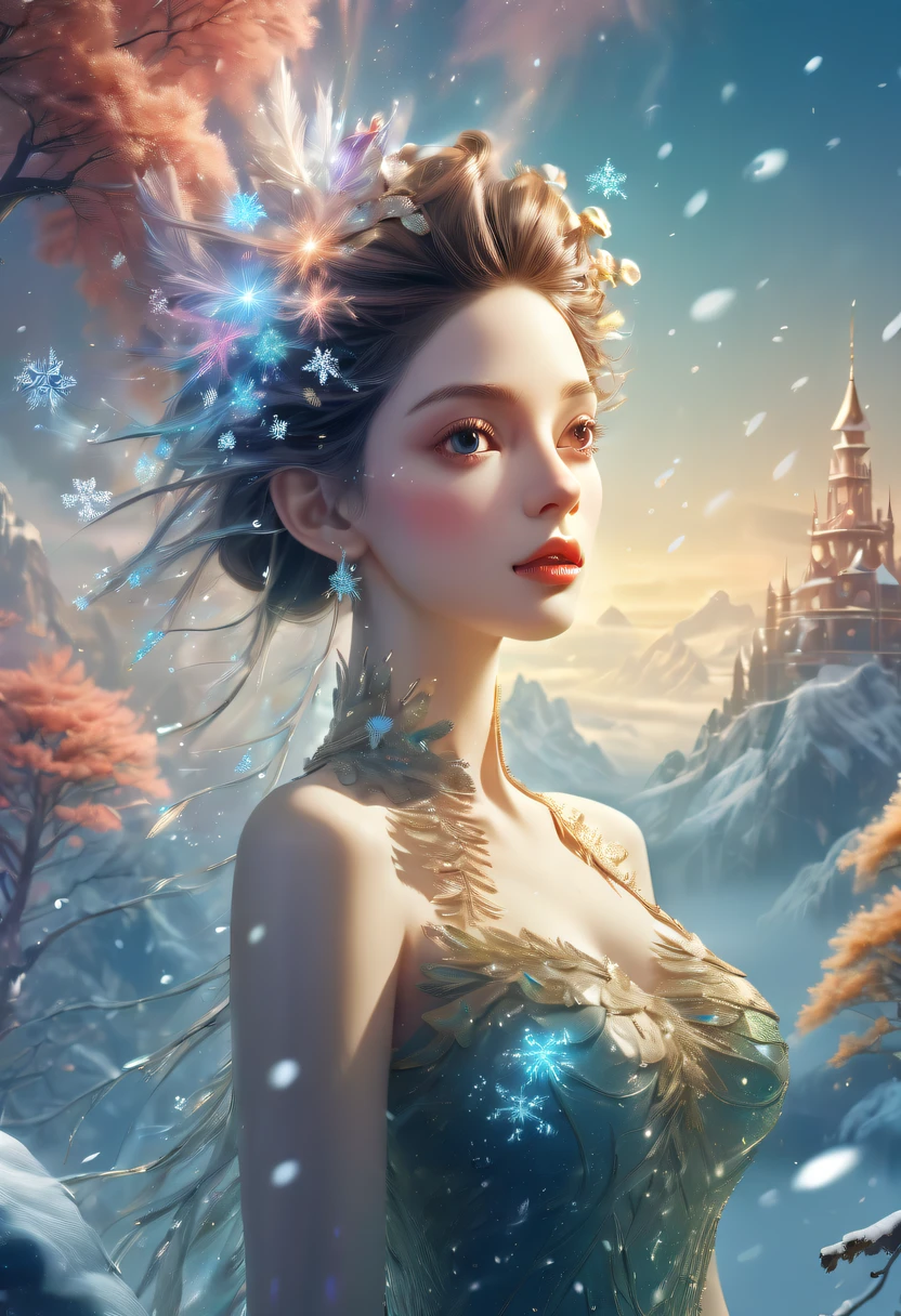 The princess's face appears in the air,(multiple exposure:1.8),winter landscape,Surreal wonderland,Dreamy cloud and fairy island,(Big snowflakes:1.3),Colorful big snowflakes are flying,A princess'The palace is covered with snow,The tree of life blooms with endless vitality,Twinkling stars in the night sky,Overlapping clouds and fog,Whimsical fantasy landscape art, Beautiful Art Ultra HD 8K, 8K highly detailed digital art, beautiful detailed fantasy, epic dreamlike fantasy landscape, Mysterious and dreamy scenery, Magic fantasy is very detailed, magical scenery, Made up of big snowflakes and dreamy floating fairy islands, detailed fantasy digital art, 8K detailed digital art