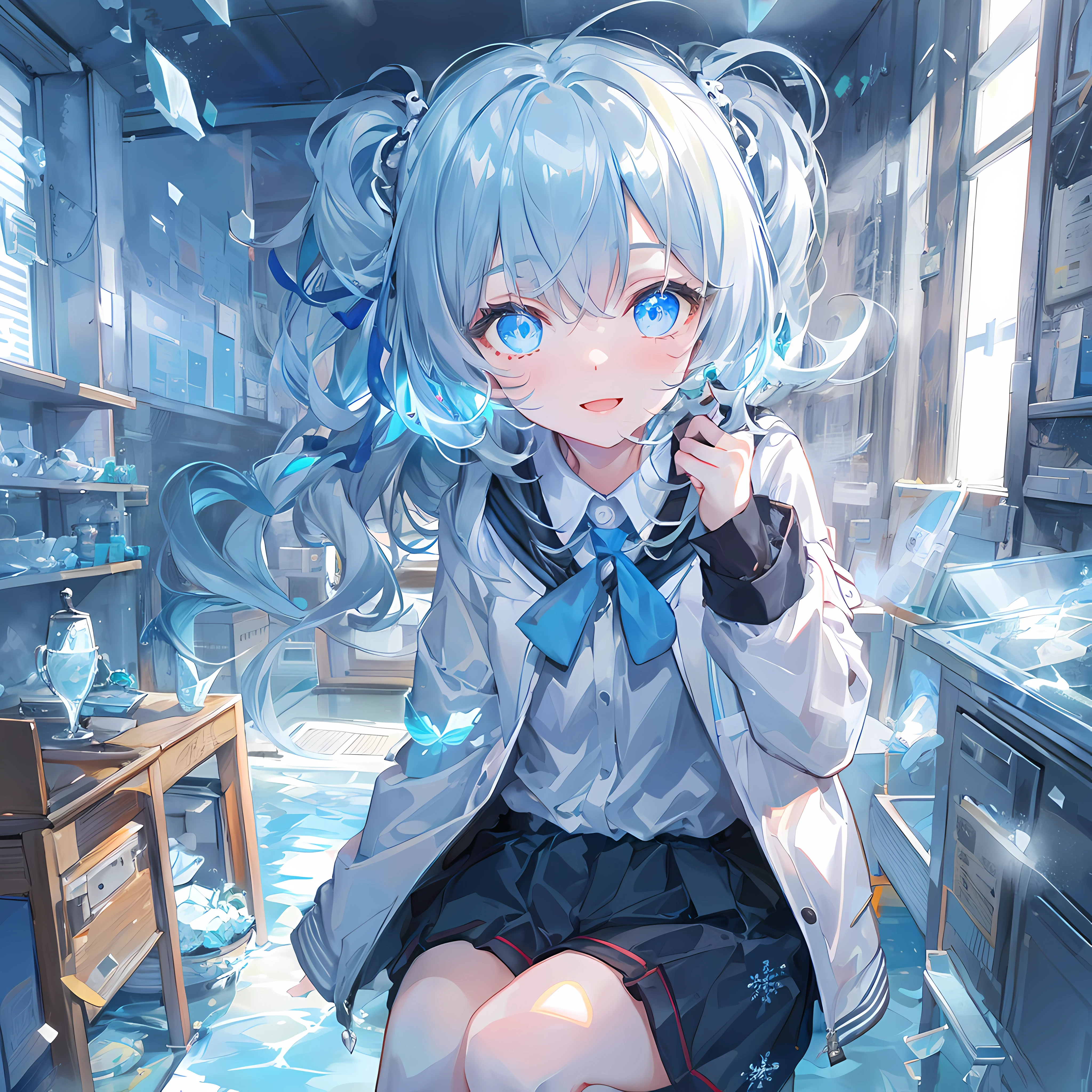 ((quality)), ((tmasterpiece)), ((ultra - detailed)), (Extremely Delicately Beautiful), girl vs., 独奏, Cold attitude,((Black jacket)),She is very(unwind)with  the(settle down)looks,A brunette one, depth of fields,energetic smile,airbubble, under the water, airbubble,bright light blue eyes,interior color，Bright gray hair，light blue hair tips,,,,,,,Cold background,Bob Hair - Linear Art, shorter pants、knee length socks、white like school uniform、Light blue ribbon tie、The clothes are transparent、Put your hands in your pockets，Right eye like sapphire,Blue shoulder straps, A small blue light drifts by、Upper Eye、Glass shards、snowflake eyes magical eyes