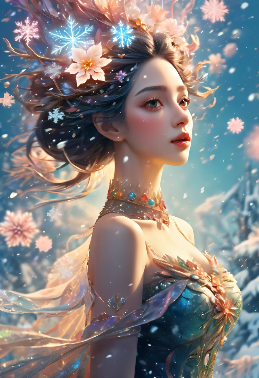 The princess&#39;s face appears in the air，(multiple exposure:1.8),winter landscape，Surreal wonderland，Dreamy cloud and fairy island，(Big snowflakes:1.3)，Colorful big snowflakes are flying，A princess&#39;The palace is covered with snow，The tree of life blooms with endless vitality，Twinkling stars in the night sky，Overlapping clouds and fog，Whimsical fantasy landscape art, Beautiful Art Ultra HD 8K, 8K highly detailed digital art, beautiful detailed fantasy, epic dreamlike fantasy landscape, Mysterious and dreamy scenery, Magic fantasy is very detailed, magical scenery, Made up of big snowflakes and dreamy floating fairy islands, detailed fantasy digital art, 8K detailed digital art