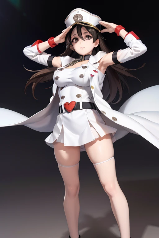 military form, White gloves, white jacket, white skirt, best quality, masterpiece, Highly detailed, illustration, absurdres, white military uniform, white uniform, white hat, standing, girls, standing at attention, multiple girls, Team Squad, expressionless, blank eyes, l, emotionless, corrution, mind control, female combatant, full body, hypnotized, unhappy trance, perfect female body, extremely glossy latex, belt, hypnosis, hypnoLora, empty eyes, Mind control device, thigh high, poses, submissive_pose, rubber bodysuit, nazi saluting, military, military saluting, salute, Bleach, Quincy, thighhighs, tight miniskirt, tie, himiko1, looking at viewer, fate grand order, brown eyes, jewelry, armpits, necklace, no panties, magatama, magatama necklace,