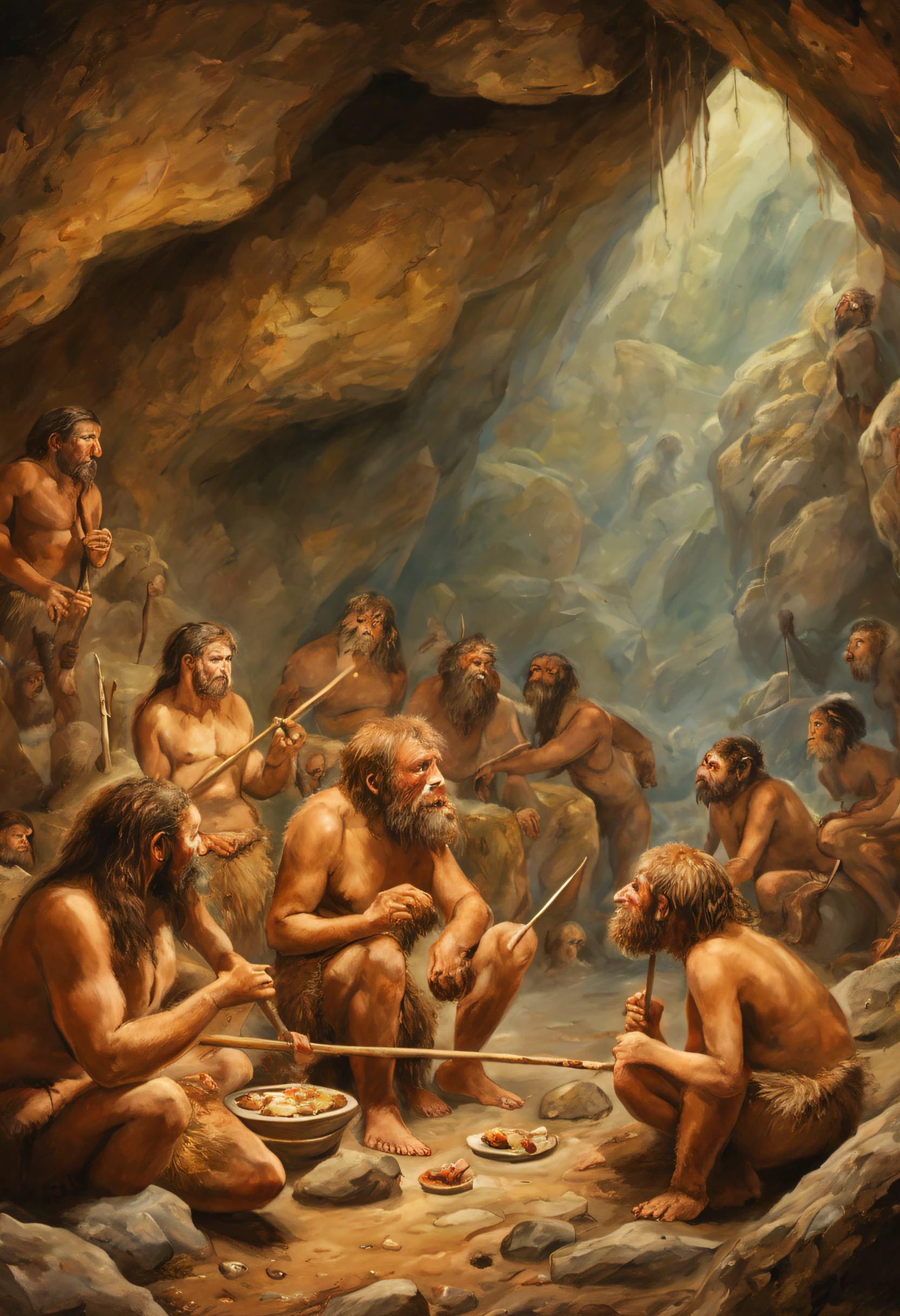 painting of a group of cave dwellers in a cave with a spear, a cave painting by Karel Štěch, trending on cg society, neo-primitivism, neanderthal people eating sushi, pre - historic cave man family, neanderthal people, paleolithic painting, three hairy neanderthal people, stone age, pre - historic