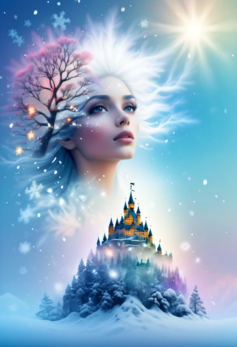 The princess's face appears in the air,(multiple exposure:1.8),winter landscape,Surreal wonderland,Dreamy cloud and fairy island,(Big snowflakes:1.3),Colorful big snowflakes are flying,A princess'The palace is covered with snow,The tree of life blooms with endless vitality,Twinkling stars in the night sky,Overlapping clouds and fog,Whimsical fantasy landscape art, Beautiful Art Ultra HD 8K, 8K highly detailed digital art, beautiful detailed fantasy, epic dreamlike fantasy landscape, Mysterious and dreamy scenery, Magic fantasy is very detailed, magical scenery, Made up of big snowflakes and dreamy floating fairy islands, detailed fantasy digital art, 8K detailed digital art