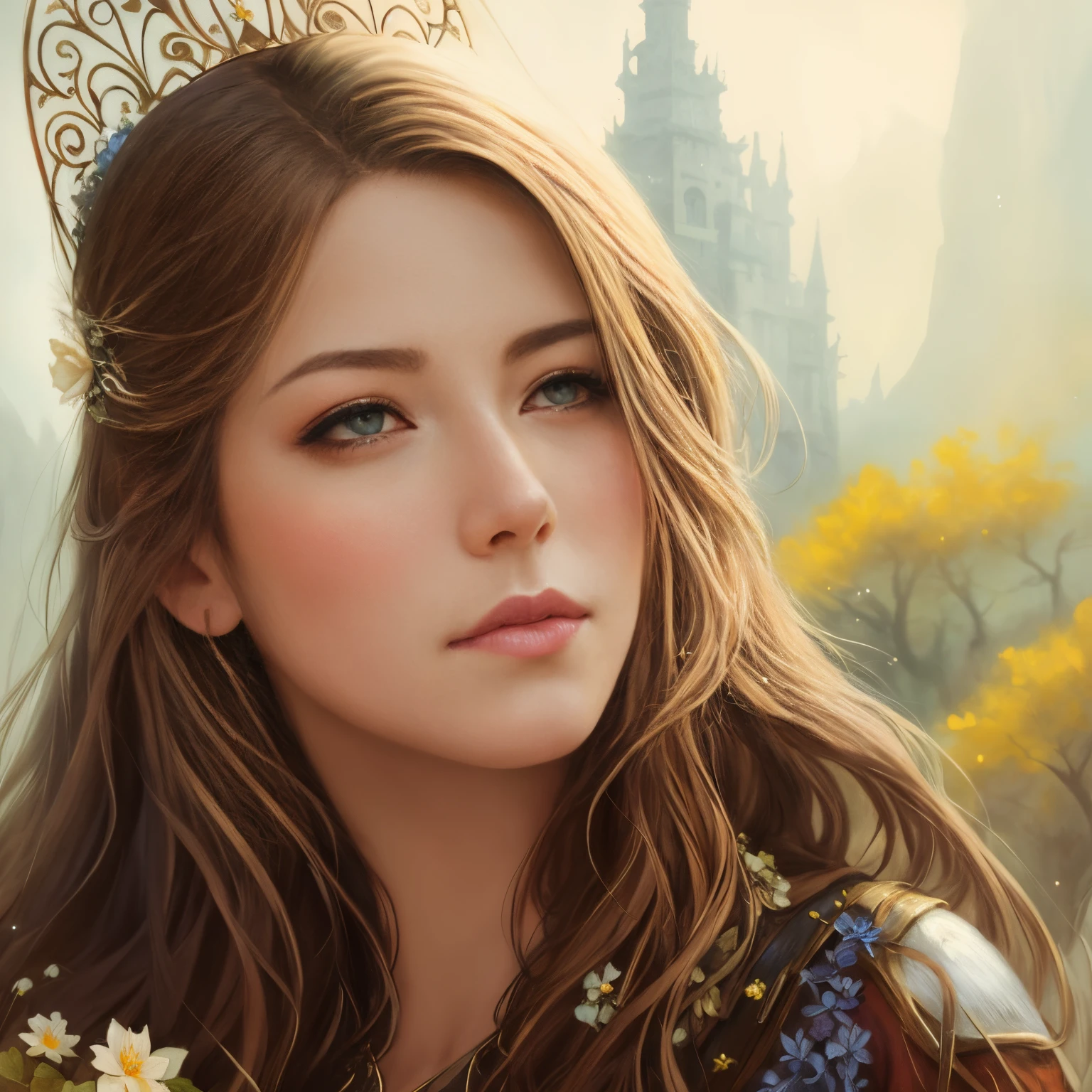 真实感, a painting, Fantastic tale, Christmas style, John Tolkien style, Small painting by Jean-Baptiste Monge, dark blonde with blue eyes and a flower crown in a field, gorgeous digital painting, beautiful fantasy art portrait, beautiful fantasy portrait, Detailed beautiful portrait, beautiful digital painting, detailed beauty portrait, beautiful digital artwork, digital fantasy portrait, fantasy art portrait, Detailed matte fantasy portrait, fantasy portrait art, Stunning digital painting, fantasy portrait, beautiful character painting, beautiful digital illustration, Jean-Baptiste Monge, anthropomorphic --ar 2:3 --testp -optimistic; Straight hair