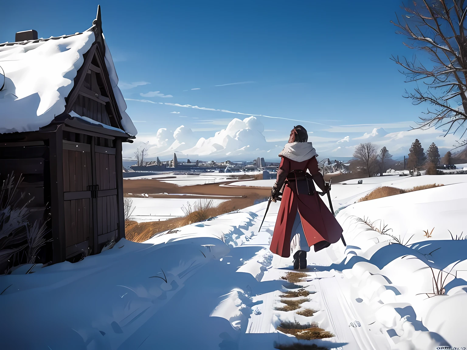alone medieval anime girl traveling in winter with the sword on the back she is walking trough a field there is a city behind
