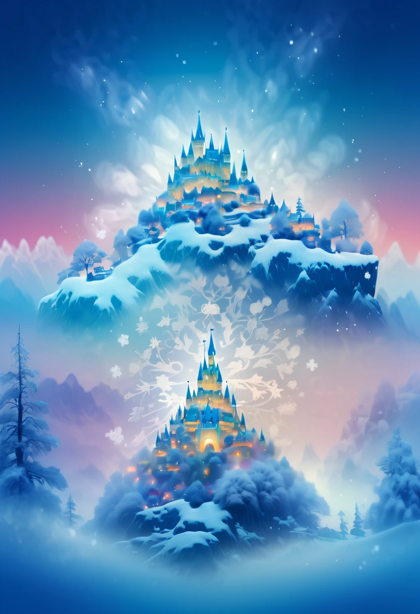 The transparent face of the Snow Princess appears in the air,(multiple exposure:1.8),winter landscape,Surreal wonderland,Dreamy cloud and fairy island,Big snowflakes,Colorful big snowflakes are flying,A princess'The palace is covered with snow,The tree of life blooms with endless vitality,Twinkling stars in the night sky,Overlapping clouds and fog,Whimsical fantasy landscape art, Beautiful Art Ultra HD 8K, 8K highly detailed digital art, beautiful detailed fantasy, epic dreamlike fantasy landscape, Mysterious and dreamy scenery, Magic fantasy is very detailed, magical scenery, Made up of big snowflakes and dreamy floating fairy islands, detailed fantasy digital art, 8K detailed digital art