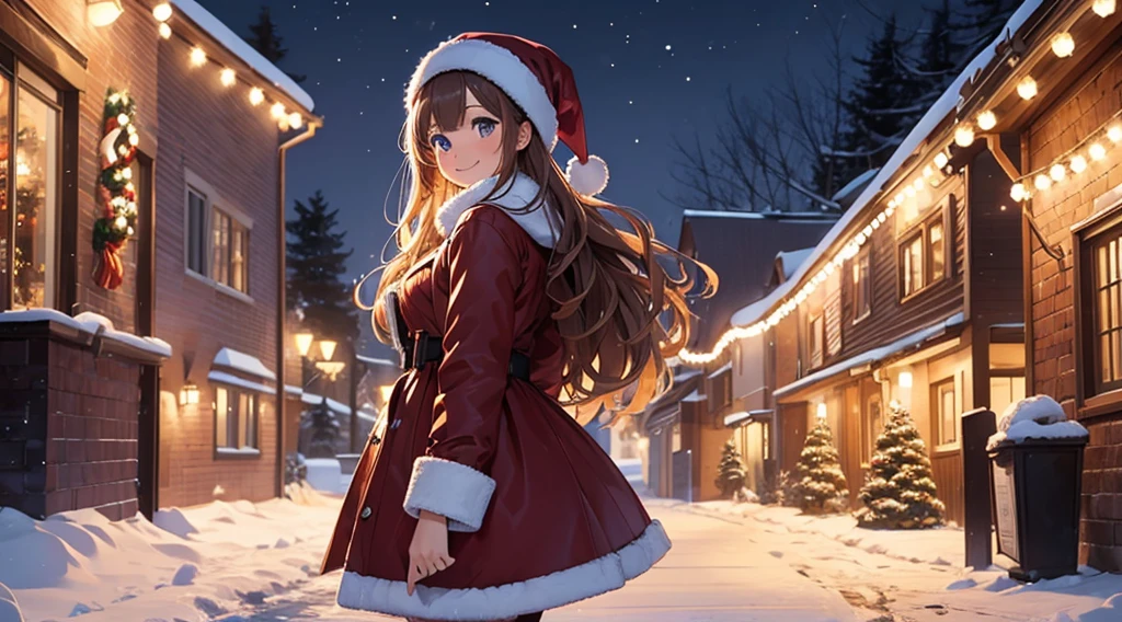 (masterpiece), (best quality), girl standing outside in the snow, wavy brown hair, christmas outfit, santa claus outfit, smiling, sexy, perfect body, christmas lights, night