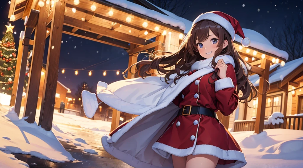 (masterpiece), (best quality), girl standing outside in the snow, wavy brown hair, christmas outfit, santa claus outfit, smiling, sexy, perfect body, christmas lights, night