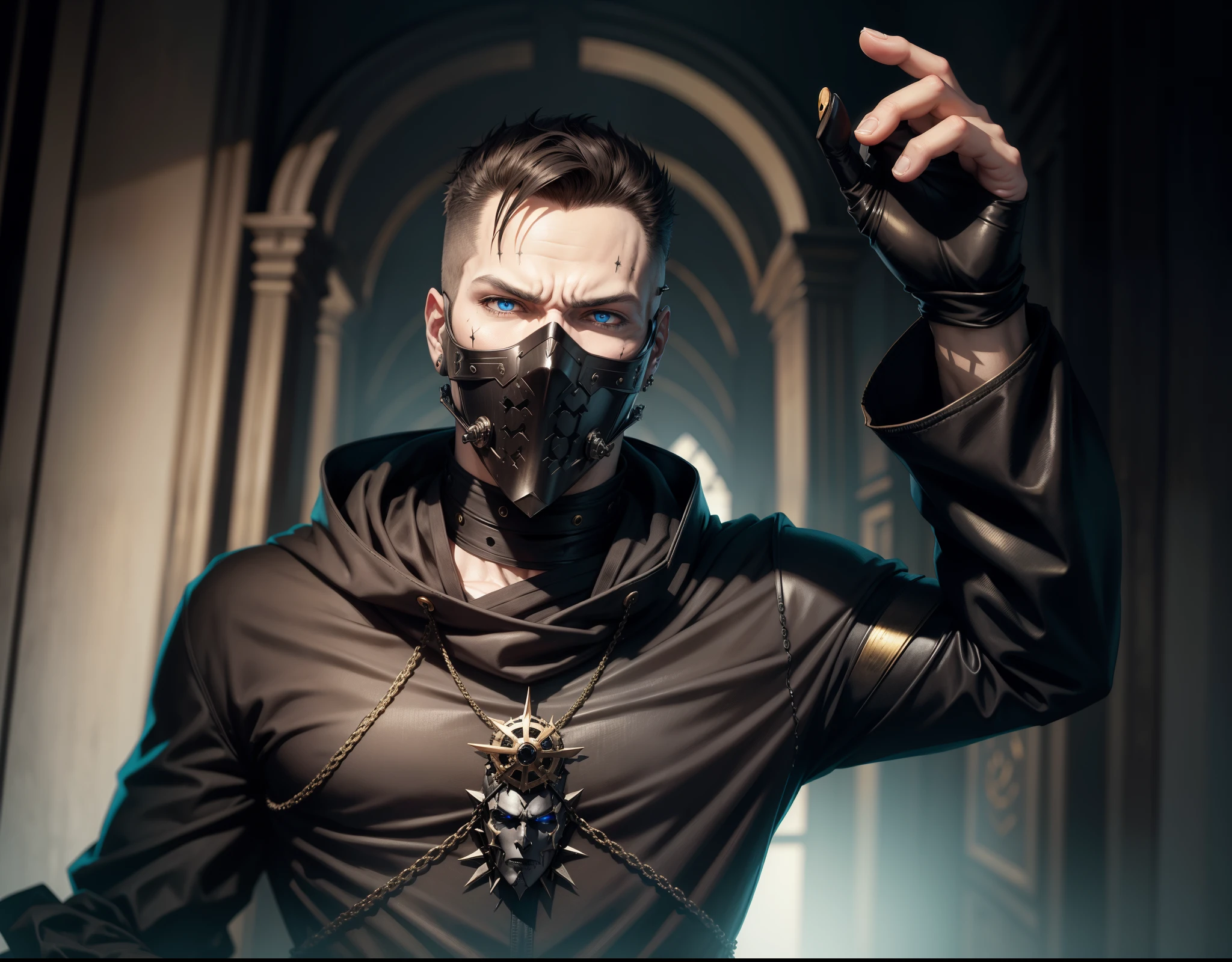 masterpiece, man , best quality, choker, gloves, face mask, glasses, naked chest, take off shirt, church cultist, halo, cross, in church, little horns
