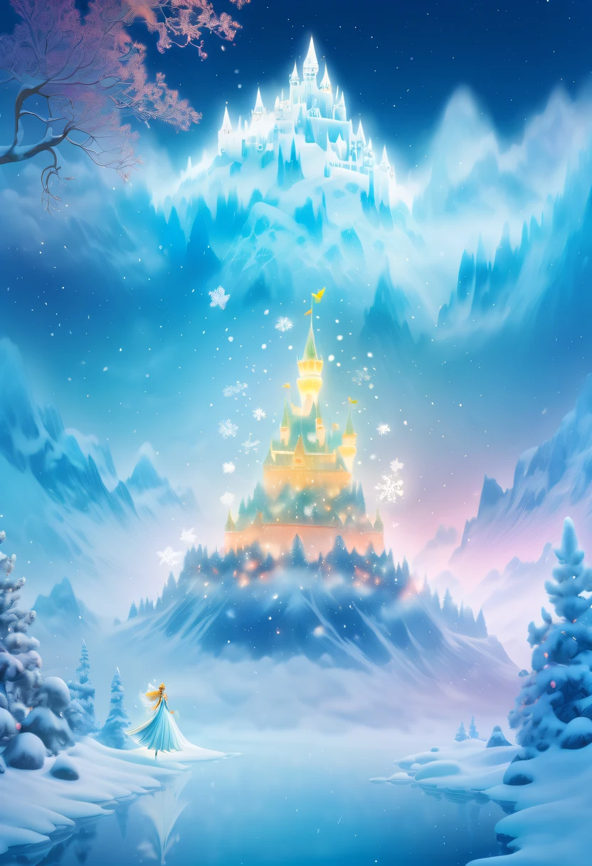The transparent face of the Snow Princess appears in the air,(multiple exposure:1.8),winter landscape,Surreal wonderland,Dreamy cloud and fairy island,Big snowflakes,Colorful big snowflakes are flying,A princess'The palace is covered with snow,The tree of life blooms with endless vitality,Twinkling stars in the night sky,Overlapping clouds and fog,Whimsical fantasy landscape art, Beautiful Art Ultra HD 8K, 8K highly detailed digital art, beautiful detailed fantasy, epic dreamlike fantasy landscape, Mysterious and dreamy scenery, Magic fantasy is very detailed, magical scenery, Made up of big snowflakes and dreamy floating fairy islands, detailed fantasy digital art, 8K detailed digital art