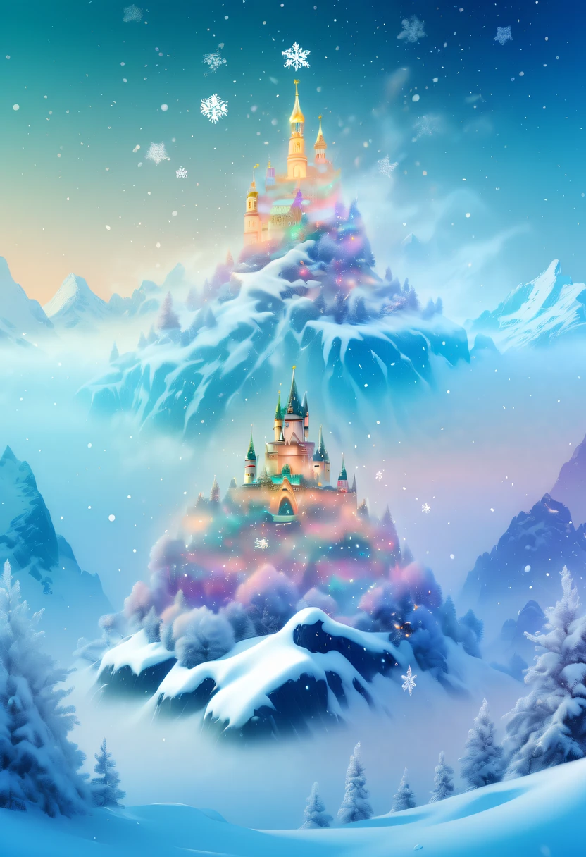 9Princess's face appears in the air,(multiple exposure:1.8),winter landscape,Surreal wonderland,Dreamy cloud and fairy island,(Big snowflakes:1.3),Colorful big snowflakes are flying,A princess'The palace is covered with snow,The tree of life blooms with endless vitality,Twinkling stars in the night sky,Overlapping clouds and fog,Whimsical fantasy landscape art, Beautiful Art Ultra HD 8K, 8K highly detailed digital art, beautiful detailed fantasy, epic dreamlike fantasy landscape, Mysterious and dreamy scenery, Magic fantasy is very detailed, magical scenery, Made up of big snowflakes and dreamy floating fairy islands, detailed fantasy digital art, 8K detailed digital art