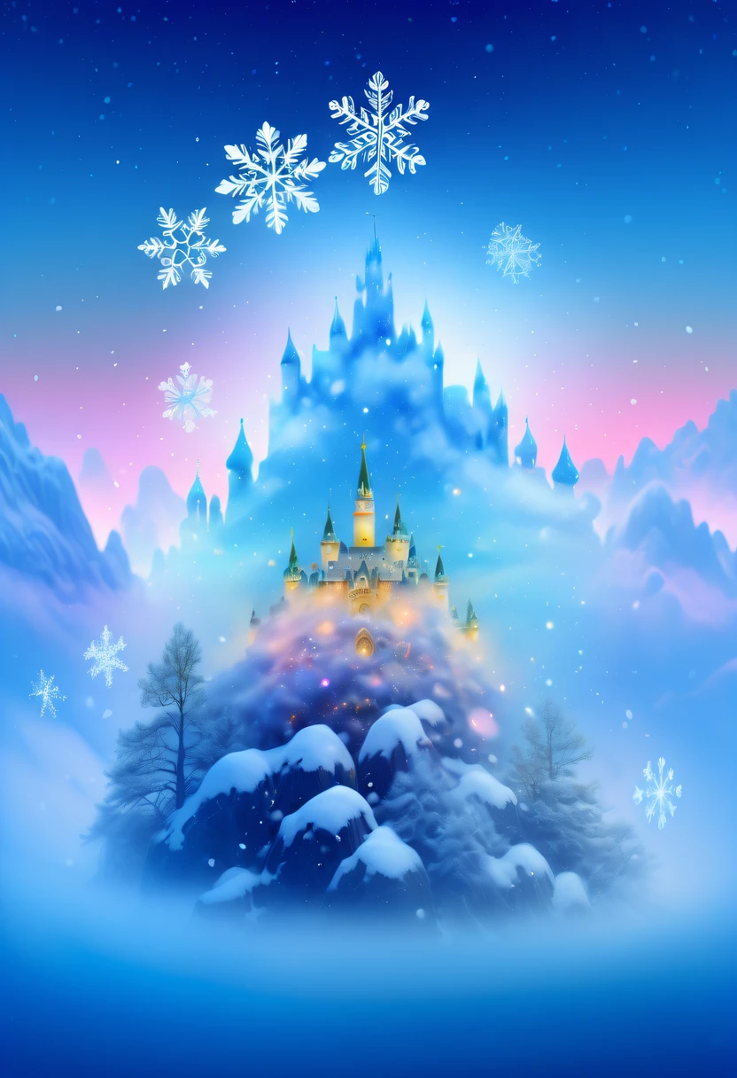 9Princess's face appears in the air,(multiple exposure:1.8),winter landscape,Surreal wonderland,Dreamy cloud and fairy island,(Big snowflakes:1.3),Colorful big snowflakes are flying,A princess'The palace is covered with snow,The tree of life blooms with endless vitality,Twinkling stars in the night sky,Overlapping clouds and fog,Whimsical fantasy landscape art, Beautiful Art Ultra HD 8K, 8K highly detailed digital art, beautiful detailed fantasy, epic dreamlike fantasy landscape, Mysterious and dreamy scenery, Magic fantasy is very detailed, magical scenery, Made up of big snowflakes and dreamy floating fairy islands, detailed fantasy digital art, 8K detailed digital art