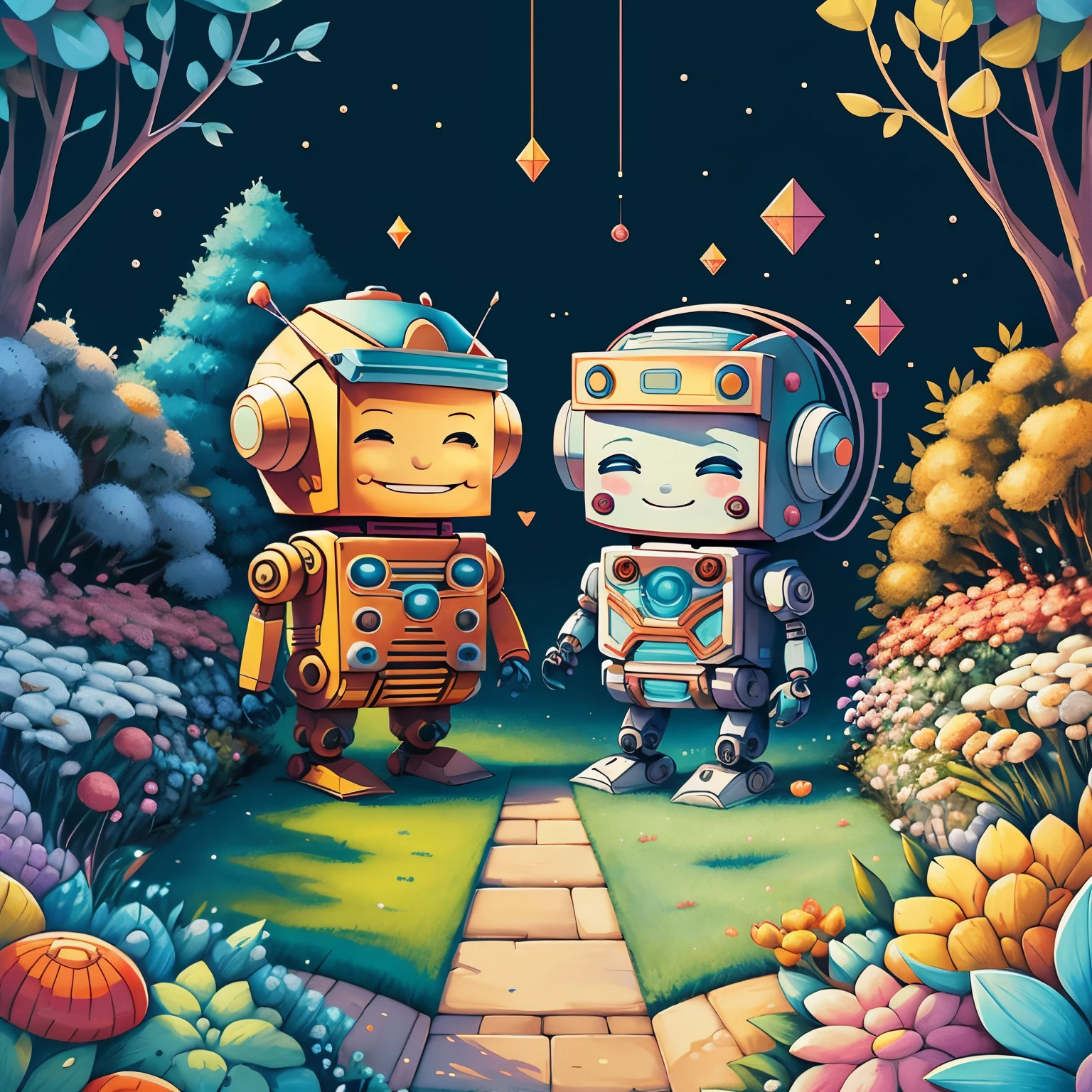 (cute robots smiling playing together in a beautiful garden) Munchkin, Geometric multidimensional wall portrait, livro de arte, Tchibi,
Yang08k, Beautiful, Colouring,
Obras, of the highest quality, best quality, Arte Oficial, Beautiful and Aesthetic,