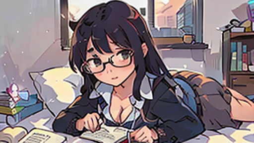 perfect asian girl, glasses, studying, schoolgirl outfit, window, laptop, books, lying on bed, cleavage, seductive pose