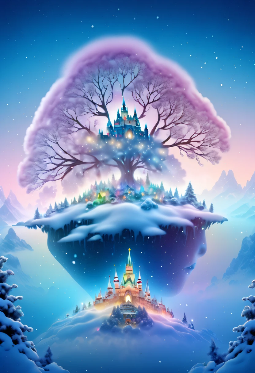 The princess's face appears in the air,(multiple exposure:1.8),winter landscape,Surreal wonderland,Dreamy cloud and fairy island,Big snowflakes,Colorful big snowflakes are flying,A princess'The palace is covered with snow,The tree of life blooms with endless vitality,Twinkling stars in the night sky,Overlapping clouds and fog,Whimsical fantasy landscape art, Beautiful Art Ultra HD 8K, 8K highly detailed digital art, beautiful detailed fantasy, epic dreamlike fantasy landscape, Mysterious and dreamy scenery, Magic fantasy is very detailed, magical scenery, Made up of big snowflakes and dreamy floating fairy islands, detailed fantasy digital art, 8K detailed digital art