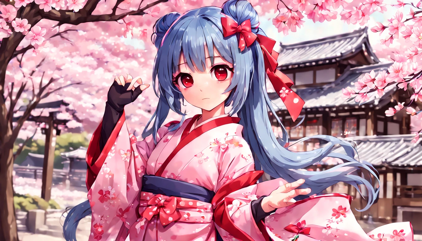 1girl, blue hair, bow, brown eyes, cherry blossoms, fingerless gloves, gloves, hair bow, japanese clothes, kimono, long hair, object namesake, pink kimono, ponytail, red bow, solo