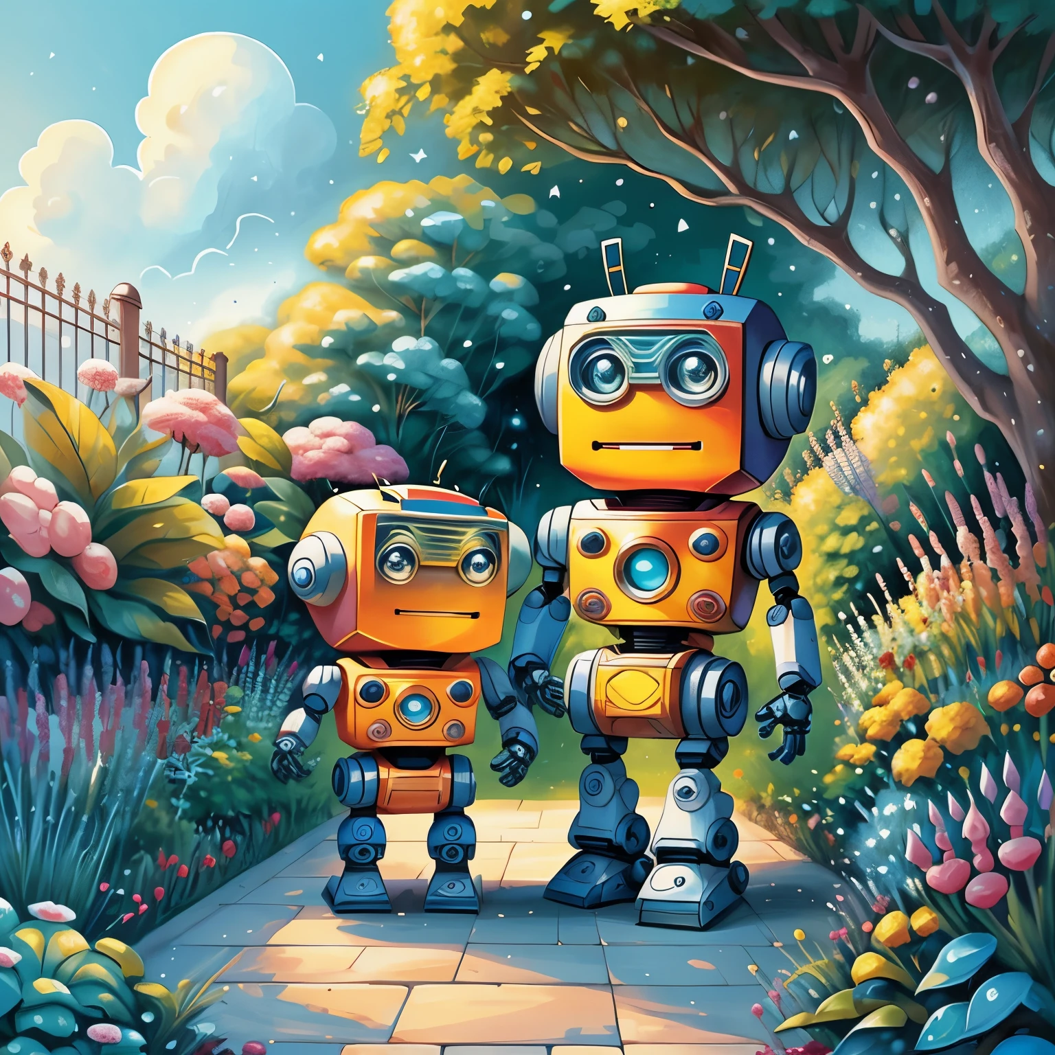 (cute robots smiling playing together in a beautiful garden) Munchkin, Geometric multidimensional wall portrait, livro de arte, Tchibi,
Yang08k, Beautiful, Colouring,
Obras, of the highest quality, best quality, Arte Oficial, Beautiful and Aesthetic,