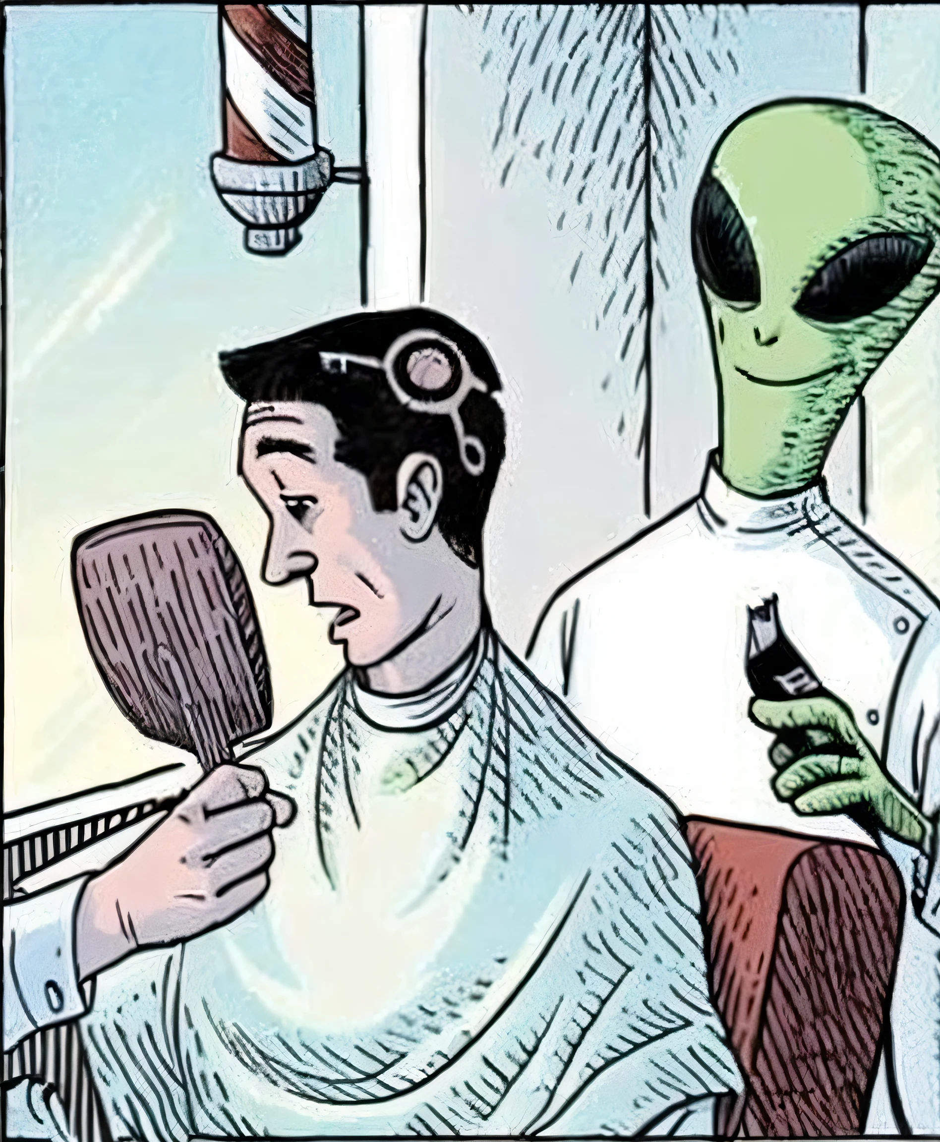 a cartoon of a man getting his hair cut by an alien, alien like, alien man with alien woman, Reptilian space alien, alien looking, extraterrestrials reach for him, aliens in the background, Alien - Estilo, extraterrestial, Quando Marte ataca, Space alien, alien vibes, extraterrestre, realistic alien