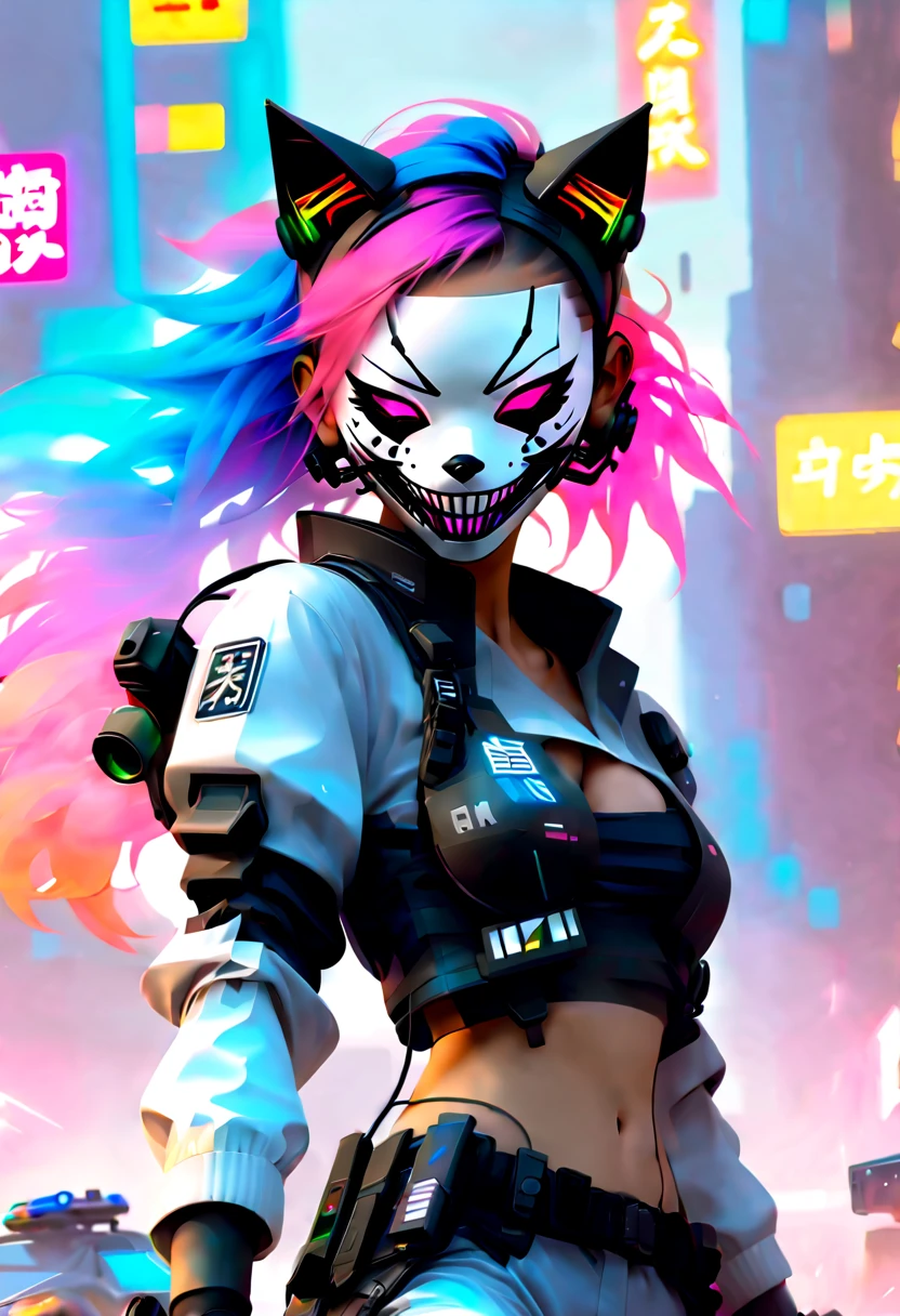 sci-fi city amidst a riot of aliens and humans throwing rocks and bottles and burning cars, cyberpunk asian woman, wearing police riot gear, cyberpunk mask, nervous smile, streaked hair, streaked hair, multicolored hair, mouth mask, gas mask, headphones, behind-the-head headphones, wide eyes, cat ear headphones, masterpiece, anatomically correct, super detail, best quality, highres, HD
