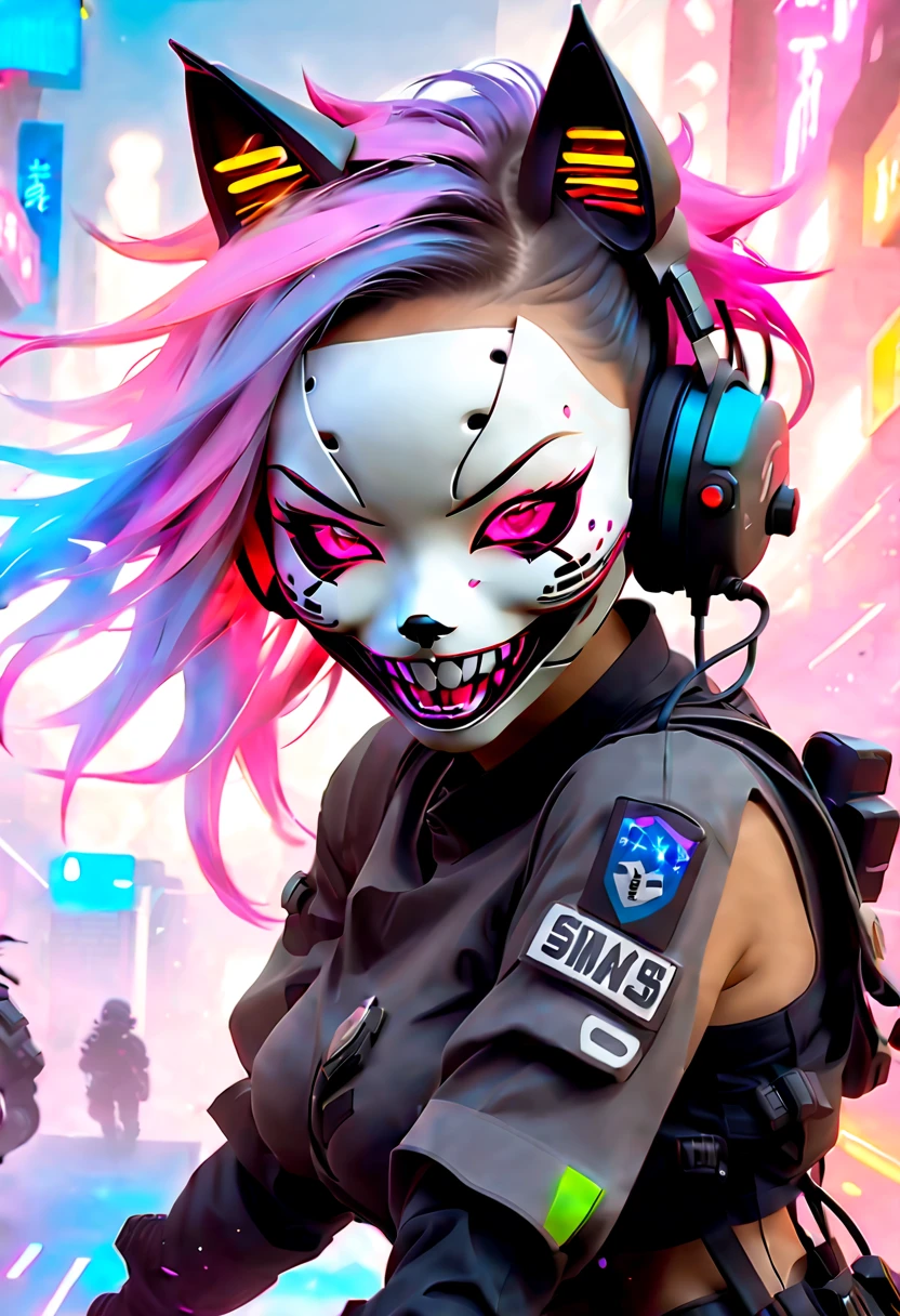 sci-fi city amidst a riot of aliens and humans throwing rocks and bottles and burning cars, cyberpunk asian woman, wearing police riot gear, cyberpunk mask, nervous smile, streaked hair, streaked hair, multicolored hair, mouth mask, gas mask, headphones, behind-the-head headphones, wide eyes, cat ear headphones, masterpiece, anatomically correct, super detail, best quality, highres, HD