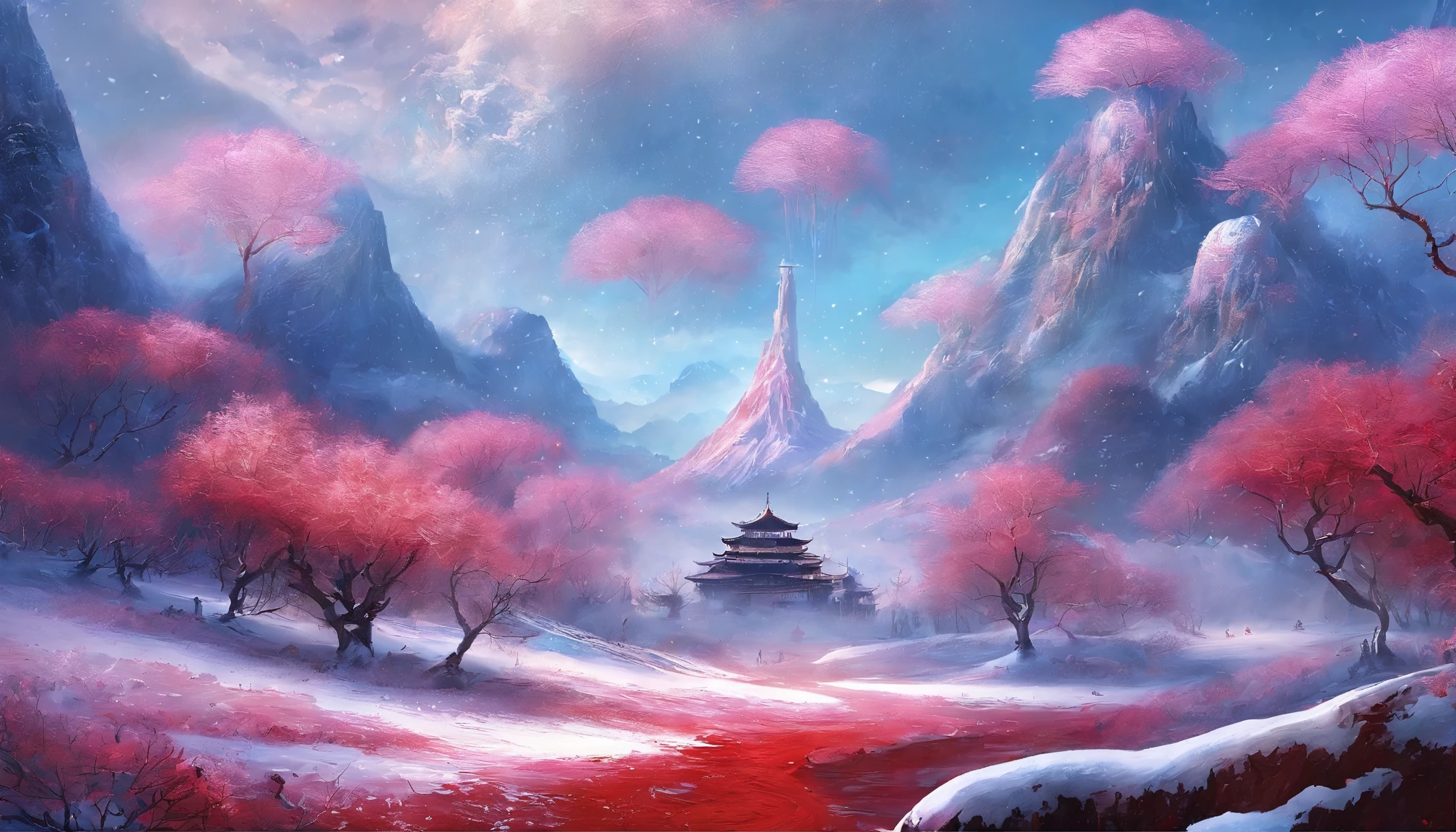 Ultra-wide angle of view,mid-air,china idol,scenography, and fantasy scenes of and snow world,Yuki,((Oyuki)),(((Blizzarding))),((snow cover)),Colorful,Red Muti Wonderland,thin fog,The clouds are very elegant,floating island beast,