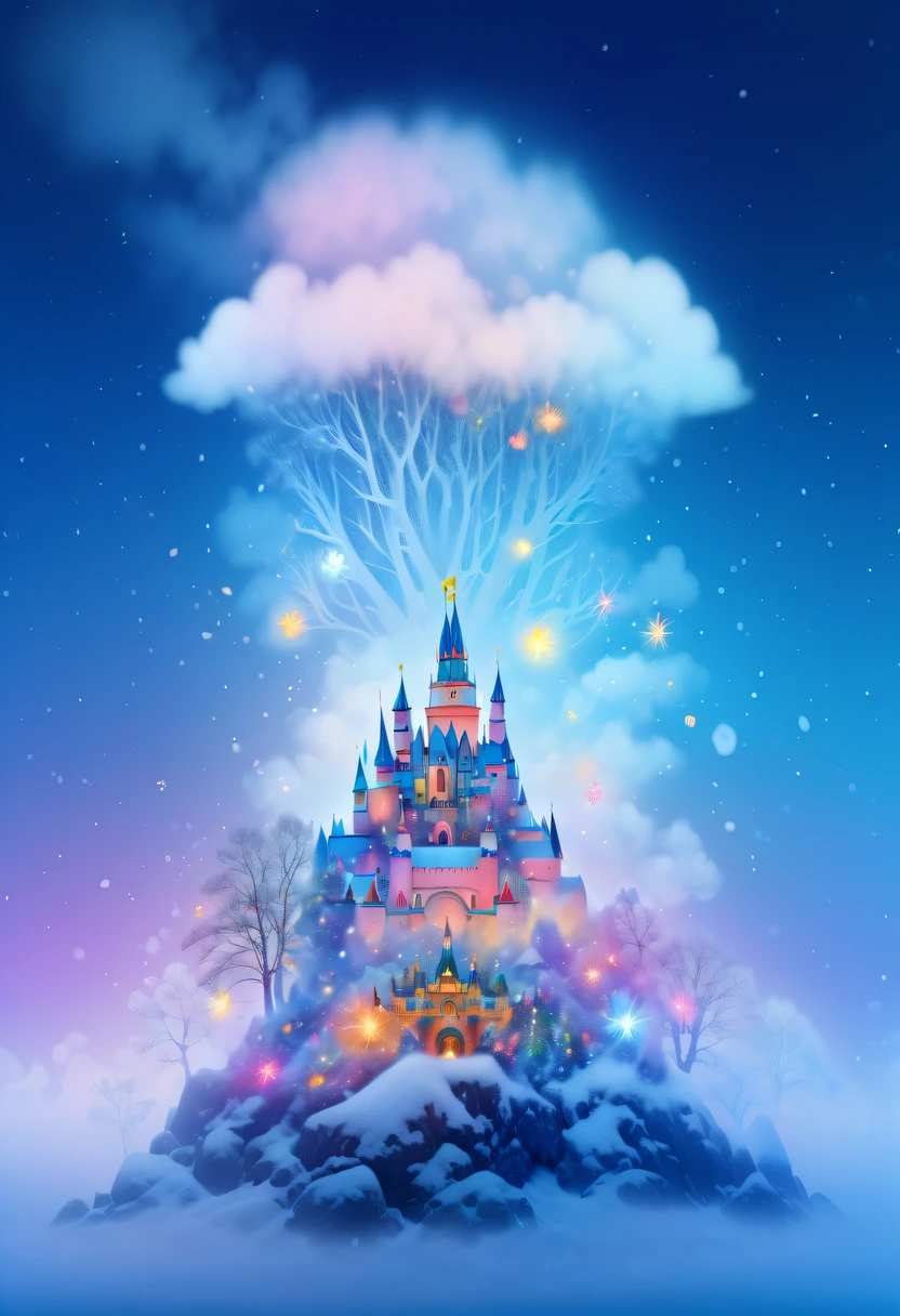 The princess's face appears in the air,(multiple exposure:1.8),winter landscape,Surreal wonderland,Dreamy cloud and fairy island,Big snowflakes,Colorful big snowflakes are flying,A princess'The palace is covered with snow,The tree of life blooms with endless vitality,Twinkling stars in the night sky,Overlapping clouds and fog,Whimsical fantasy landscape art, Beautiful Art Ultra HD 8K, 8K highly detailed digital art, beautiful detailed fantasy, epic dreamlike fantasy landscape, Mysterious and dreamy scenery, Magic fantasy is very detailed, magical scenery, Made up of big snowflakes and dreamy floating fairy islands, detailed fantasy digital art, 8K detailed digital art