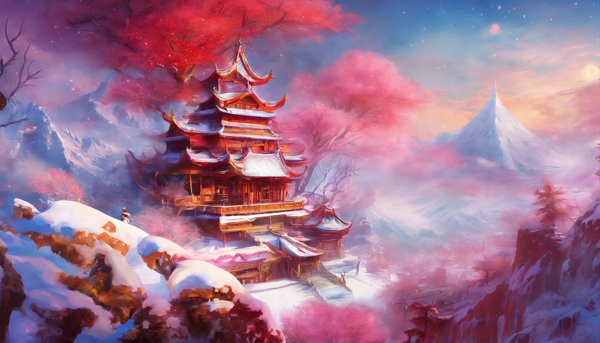 Ultra-wide angle of view，mid-air，china idol，scenography， Fantasy scene of snow world，Yuki，（（Oyuki）），（（（Blizzarding））），（（snow cover）），Colorful，Red Muti Wonderland，thin fog，The clouds are very elegant，floating islands，super-fine，tmasterpiece，8k，ultra-clear，Perfect image quality，high qulity