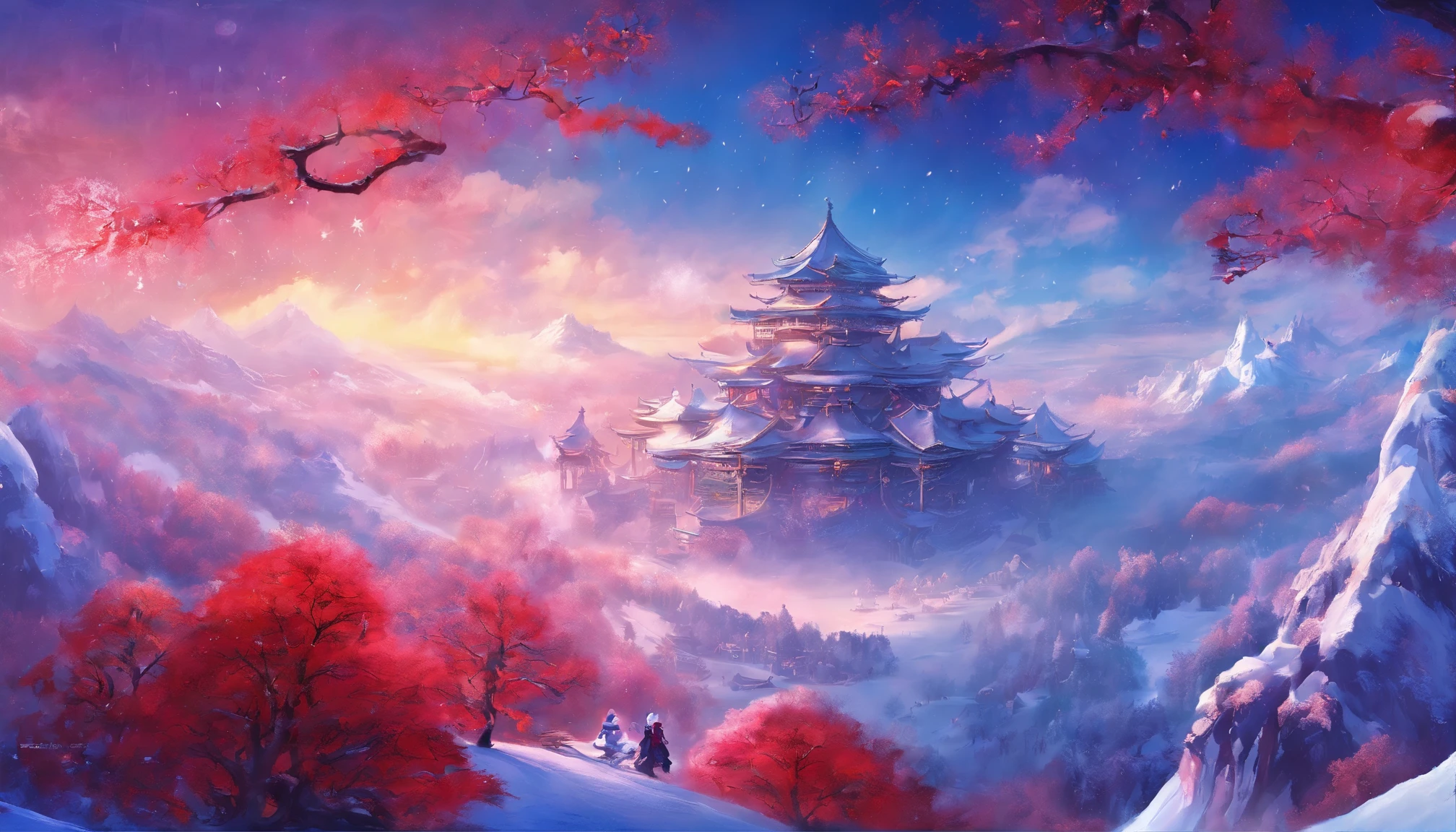 Ultra-wide angle of view，mid-air，china idol，scenography， and fantasy scenes of  and snow world，Yuki，（（Oyuki）），（（（Blizzarding））），（（snow cover）），Colorful，Red Muti Wonderland，thin fog，The clouds are very elegant，floating island beast，