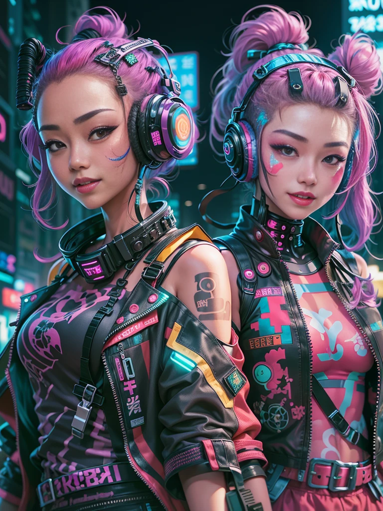 tmasterpiece, Best quality at best, 2 ((Smiling)) Cyberpunk girls stand together, Harajuku style cyberpunk body harness, Bold colors and patterns, eye-catching accessories, Stylish and innovative hairstyle, Dazzling cyberpunk cityscape, skyscrapper, glowing neon sign, LED lights, anime illustration, Detailed skin texture, Fine cloth texture, beautiful  detailed face, Complicated details, ultra - detailed, 电影灯光, strong contrasts.