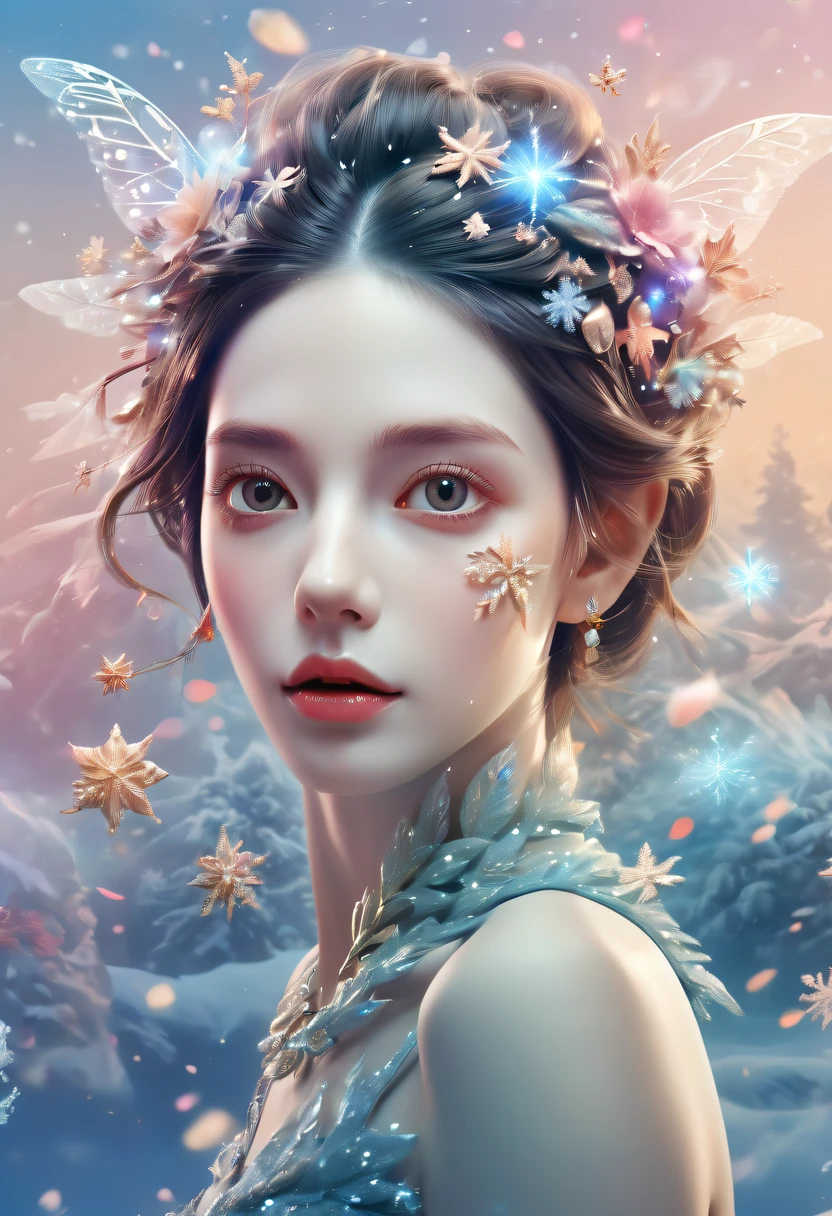 The princess's face appears in the air,(multiple exposure:1.8),winter landscape,Surreal wonderland,Dreamy cloud and fairy island,Big snowflakes,Colorful big snowflakes are flying,A princess'The palace is covered with snow,The tree of life blooms with endless vitality,Twinkling stars in the night sky,Overlapping clouds and fog,Whimsical fantasy landscape art, Beautiful Art Ultra HD 8K, 8K highly detailed digital art, beautiful detailed fantasy, epic dreamlike fantasy landscape, Mysterious and dreamy scenery, Magic fantasy is very detailed, magical scenery, Made up of big snowflakes and dreamy floating fairy islands, detailed fantasy digital art, 8K detailed digital art