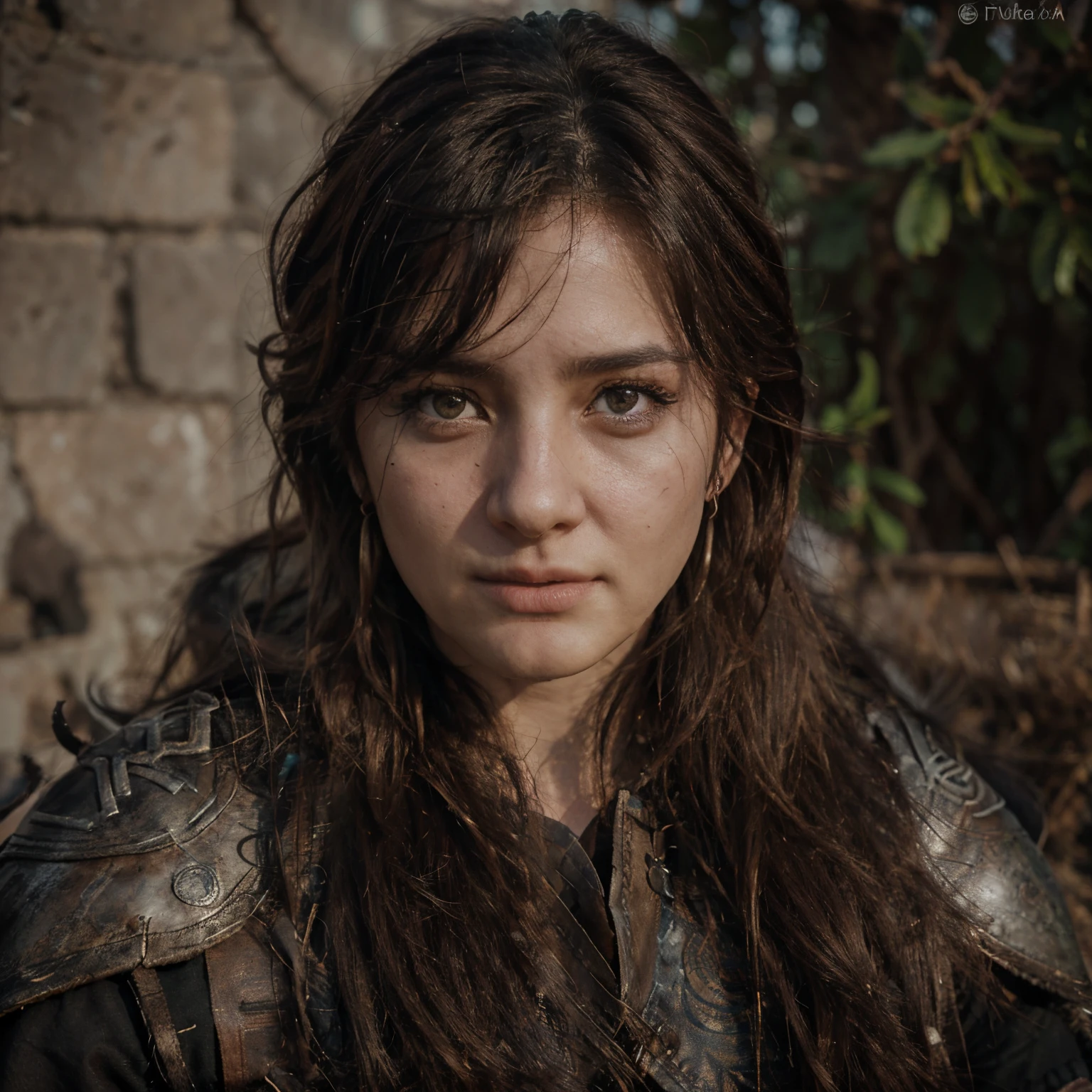 4m4nd4s-v2 Real photos of beauties, (photorealistic:1.4), Realistic, (Half body:1.5), straight face, 1 Female warrior, Wears reinforced shoulders and arms armor. beautiful sedutive face, muddy facial, (angry expression), tied back, (realistic details face, eyes, nose, lips:1.1), war