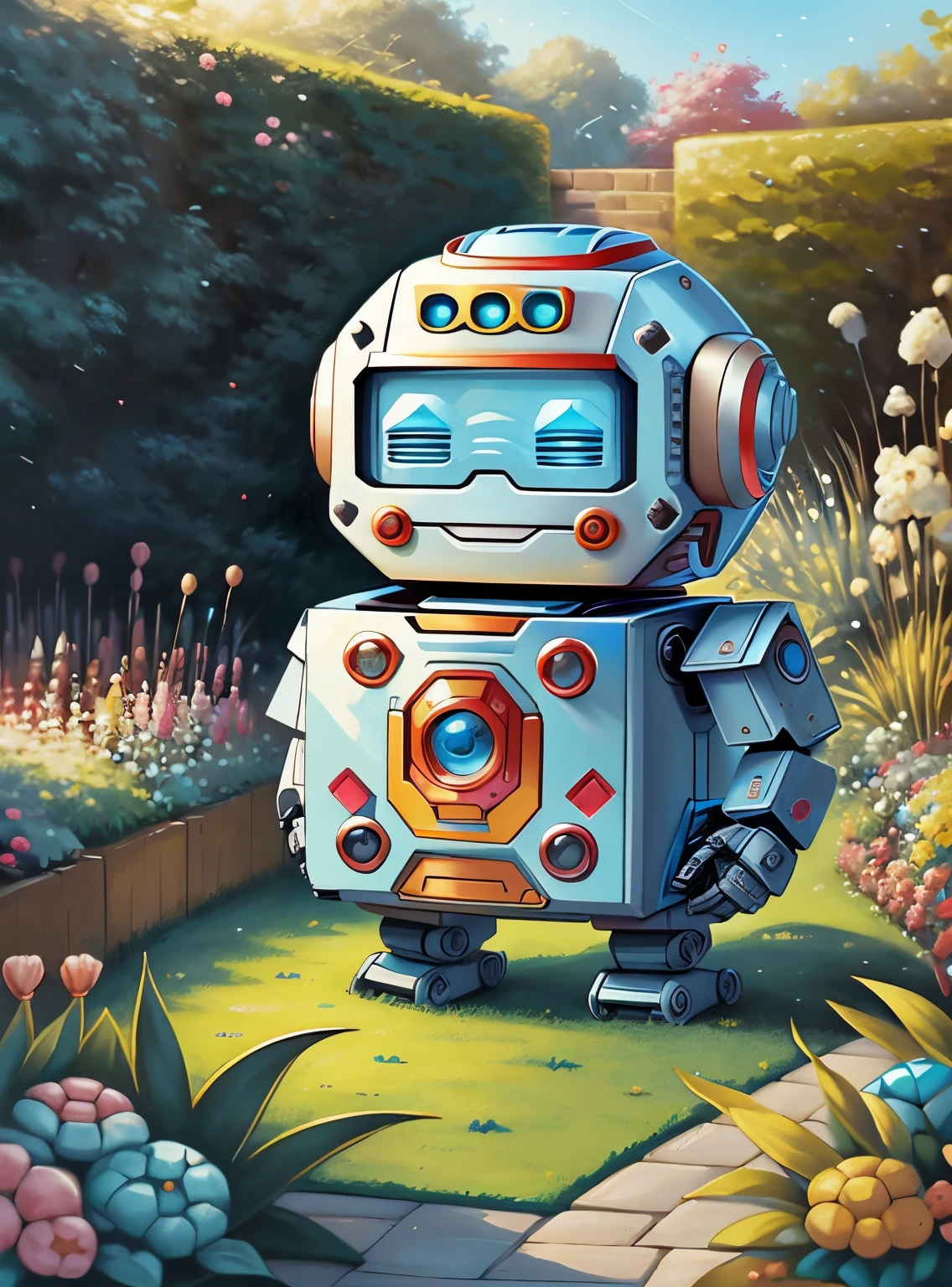 (cute robots smiling playing together in a beautiful garden) Munchkin, Geometric multidimensional wall portrait, livro de arte, Tchibi,
Yang08k, Beautiful, Colouring,
Obras, of the highest quality, best quality, Arte Oficial, Beautiful and Aesthetic,
