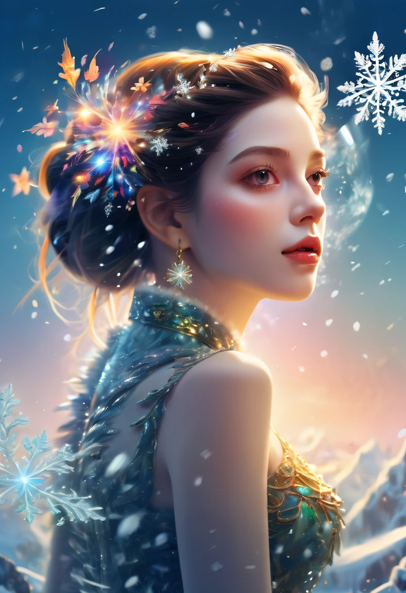 The princess&#39;s face appears in the air，(multiple exposure:1.8),winter landscape，Surreal wonderland，Dreamy cloud and fairy island，Big snowflakes，Colorful big snowflakes are flying，A princess&#39;The palace is covered with snow，The tree of life blooms with endless vitality，Twinkling stars in the night sky，Overlapping clouds and fog，Whimsical fantasy landscape art, Beautiful Art Ultra HD 8K, 8K highly detailed digital art, beautiful detailed fantasy, epic dreamlike fantasy landscape, Mysterious and dreamy scenery, Magic fantasy is very detailed, magical scenery, Made up of big snowflakes and dreamy floating fairy islands, detailed fantasy digital art, 8K detailed digital art