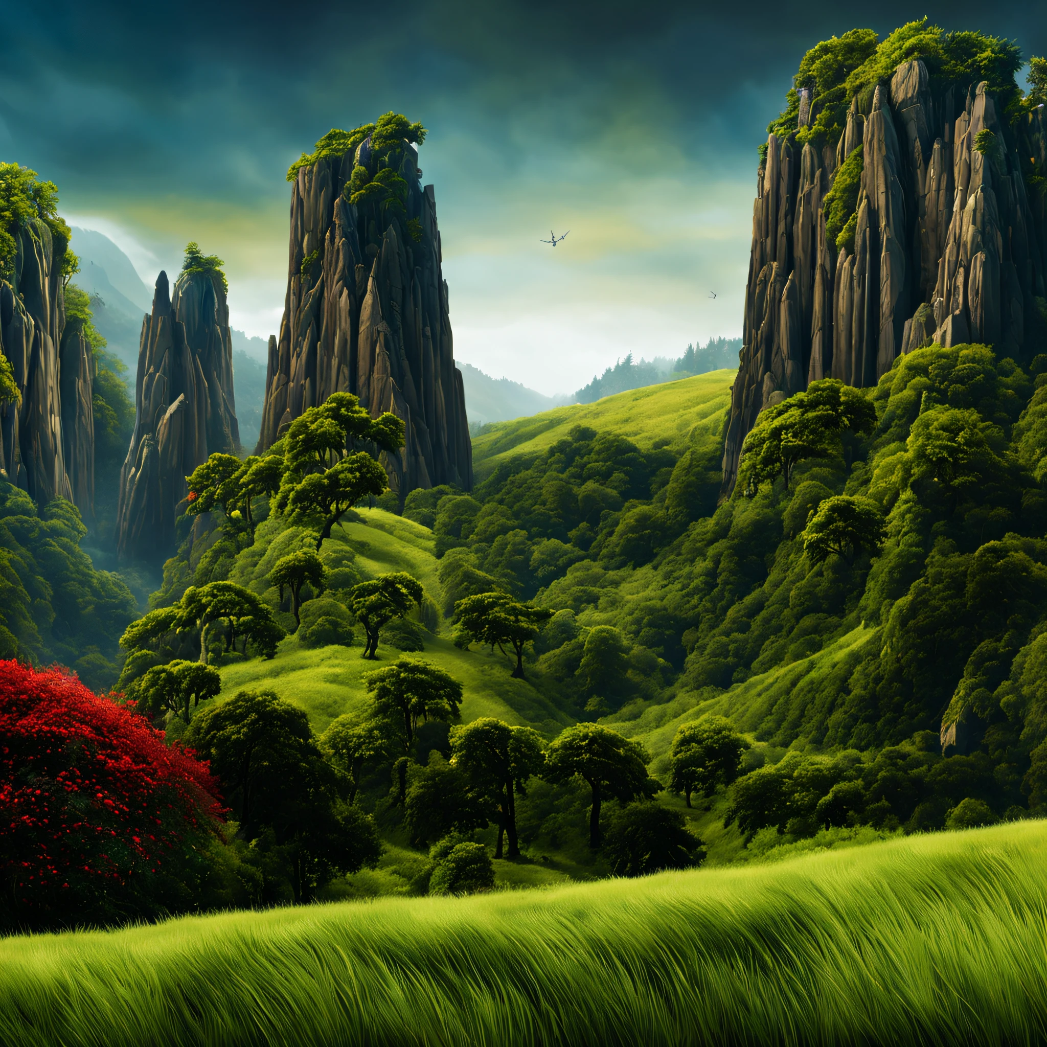 create a digital matte painting of a forest landscape with many tall green trees, with giant rocky mountains in a science fiction movie setting with ancient stone temples embedded in high rocks, the scene takes place in a clearing in the center of a dense and wide forest of giant trees and plants,in the sky of this illustration, um astronauta masculino com uniforme branco caminha em uma estrada de pedras perto em frente e uma escadaria gigante de um templo, Close detalhado e realista do astronauta, detalhamento da roupa espacial do astronauta, add a field full of red flower buds on the green grass ground next to a path next to the green grass towards the large forest and situated in the background of the scene against the background of a blue sky with white 3D clouds, ultra realism in the matte painting cinematography of the illustration based on the matte painting art of artist Albert Whitlock