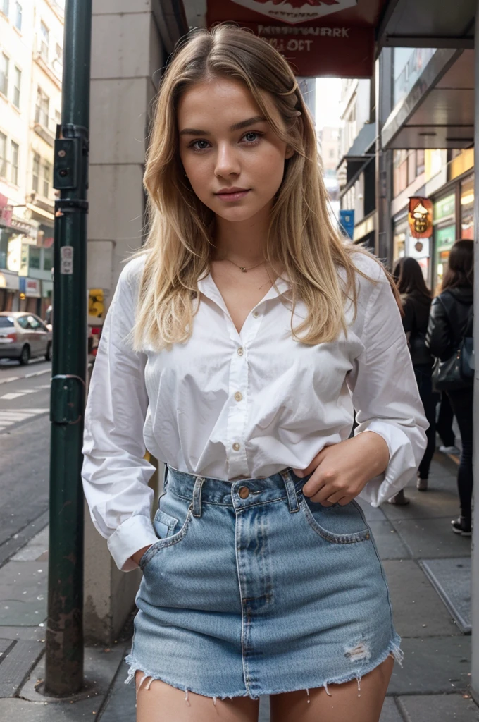 ((best quality)), ((Meisterwerk)), (Detailliert), Perfektes Gesicht, 1.1, Hochdetaillierte Gesichts- und Hautstruktur, Detaillierte Augen, Anna Björn a 21 year old blonde swedish girl, cute full body pictures in new york city chinatown , cute modern student clothing, cute makeup, aesthetic instagram pictures