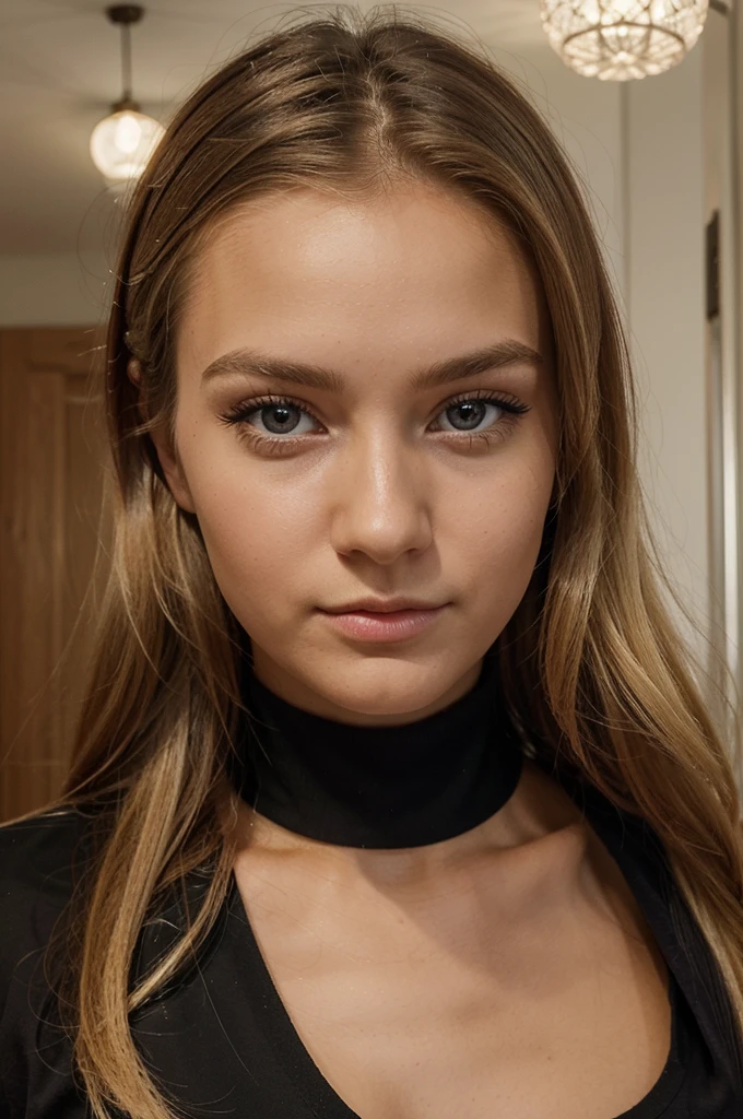 Posture: Elegant and well-aligned, which contributes to a graceful and natural appearance. transparent black top, red leggings. Girl with waist-length blonde hair. Oval face. Small and proportional nose with a smooth straight profile with symmetry and naturalness. Large, expressive eyes with a vibrant green color with a penetrating look with long, defined eyelashes. Full and well-defined lips with marked cupid curves of moderate size and symmetrical. nose, eyes, lips and ears are balanced and complement the oval shape of the face, symmetrical with each other, healthy and well-groomed skin, as well as shiny and well-groomed hair. (Textured Skin), (((Life Real))). ((petite)), ((smal)), 