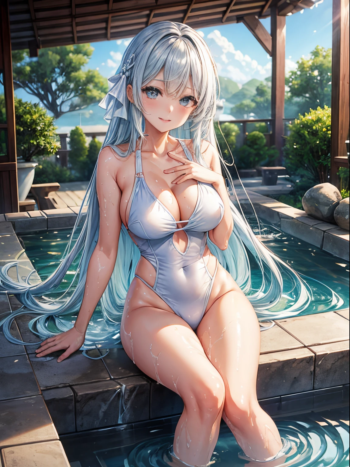 top-quality、Full limbs、complete fingers、Slender beauty、straight haired、Longhaire、lightblue hair、White competitive swimsuit、Raw feet、Beautiful Large Breasts、Luxury Ryokan、outdoor bath、sexypose、Wet texture