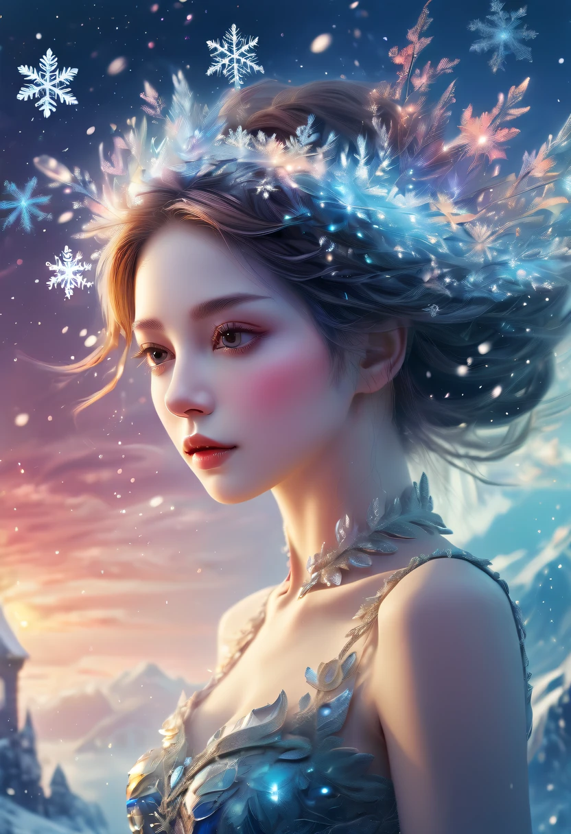 The princess&#39;s face appears in the air，(multiple exposure:1.5),winter landscape，Surreal wonderland，Dreamy cloud and fairy island，Big snowflakes，Colorful big snowflakes are flying，A princess&#39;The palace is covered with snow，The tree of life blooms with endless vitality，Twinkling stars in the night sky，Overlapping clouds and fog，Whimsical fantasy landscape art, Beautiful Art Ultra HD 8K, 8K highly detailed digital art, beautiful detailed fantasy, epic dreamlike fantasy landscape, Mysterious and dreamy scenery, Magic fantasy is very detailed, magical scenery, Made up of big snowflakes and dreamy floating fairy islands, detailed fantasy digital art, 8K detailed digital art