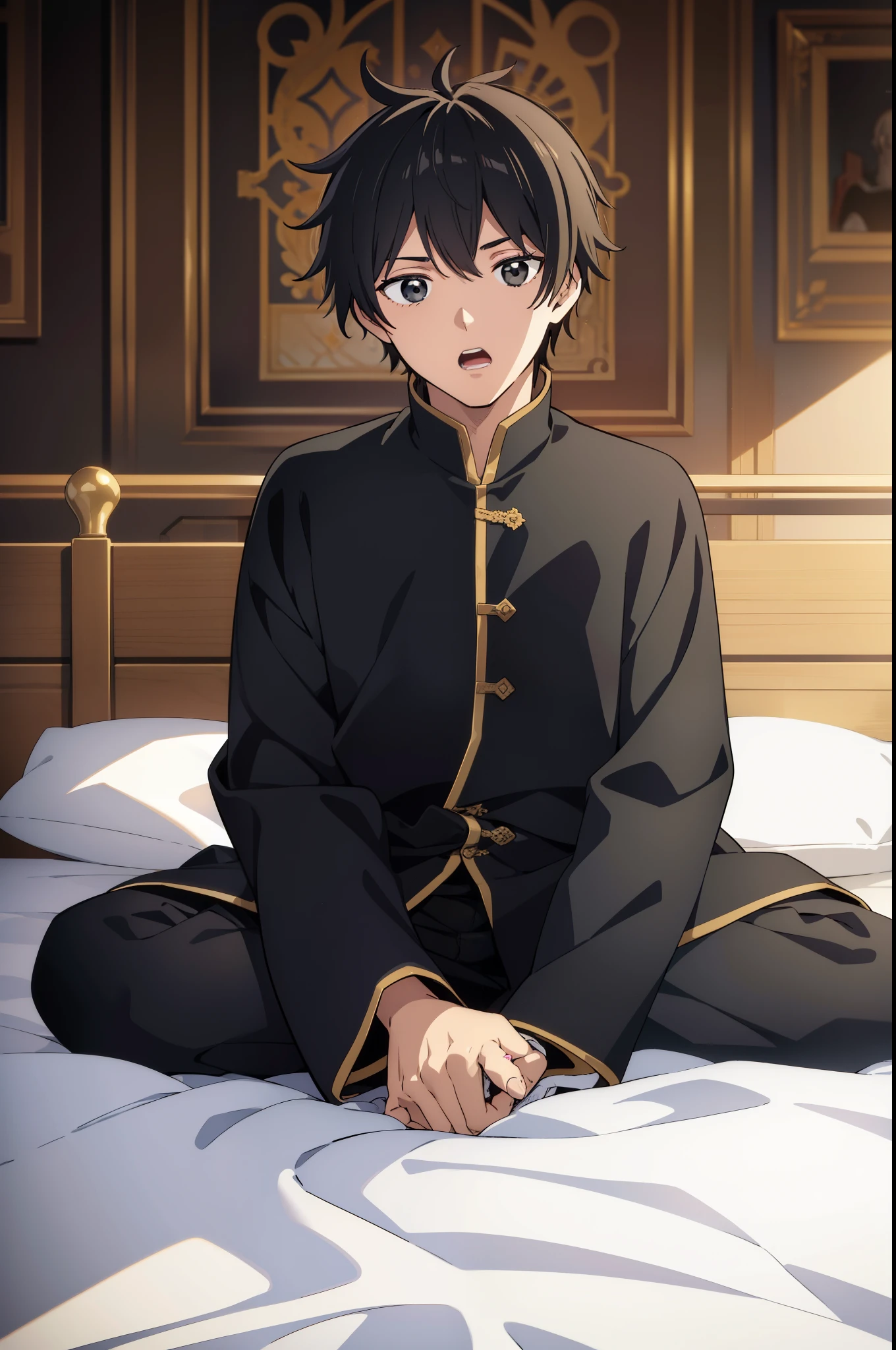 (high quality, ultra detailed), anime character,  man, medieval noble sleepwear, messy black hair, black eyes, surprised expression, sitting on a medieval noble bed