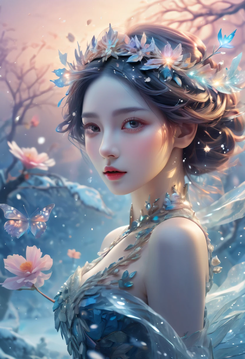 The princess&#39;s face appears in the air，(multiple exposure:1.5),winter landscape，Surreal wonderland，Dreamy cloud and fairy island，Big snowflakes，Colorful big snowflakes are flying，A princess&#39;The palace is covered with snow，The tree of life blooms with endless vitality，Twinkling stars in the night sky，Overlapping clouds and fog，Whimsical fantasy landscape art, Beautiful Art Ultra HD 8K, 8K highly detailed digital art, beautiful detailed fantasy, epic dreamlike fantasy landscape, Mysterious and dreamy scenery, Magic fantasy is very detailed, magical scenery, Made up of big snowflakes and dreamy floating fairy islands, detailed fantasy digital art, 8K detailed digital art