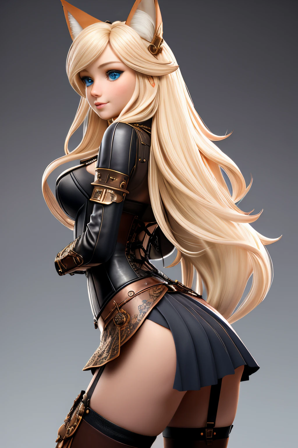 close up 1girl in, ager, Solo, Aesthetic artwork, blond, straight blonde hair, super long blonde hair, light blue eyes, some small freckles, pale skin, A-cup, (large fox ears:1.25), heavy medium breasts, runners body, (thin hips, thin waist: 1.25), detailed skin, shy smile, ((wearing a steampunk outfit with lace, leather corset, ornamental copper parts, portrait, pleated skirt)), kneeling her back to us, backview, Turn Back, Back shot, arms above head, 50mm, 8k textures, soft cinematic light, RAW intricate, elegant, highly detailed, sharp focus, ((((cinematic look)))), soothing tones, insane details, intricate details, hyperdetailed, low contrast, soft cinematic light, dim colors, exposure blend, hdr, faded