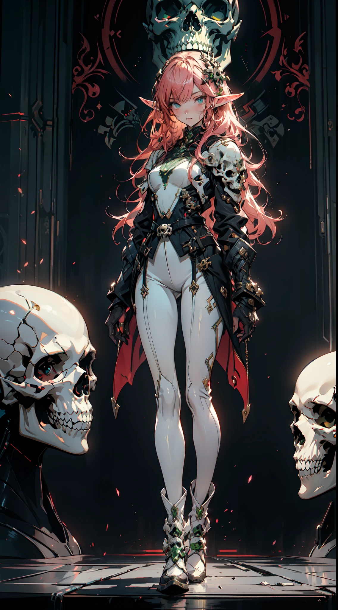 (((masterpiece, best quality))), (elf), (1girl), solo, Bangs, red tinted hair,White cyber Skull armor,long black glovelack pantyhoses,Handsome standing with white boots, art style by Artgerm, by Kawacy, By Yusuke Murata