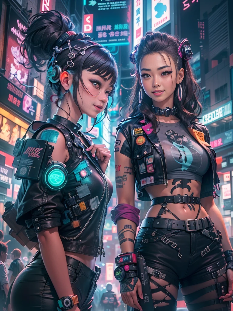 tmasterpiece, Best quality, 2 ((Smiling)) Cyberpunk girls stand together, Harajuku style cyberpunk body harness, Bold colors and patterns, eye-catching accessories, Stylish and innovative hairstyle, Dazzling cyberpunk cityscape, skyscrapper, glowing neon sign, LED lights, anime illustration, Detailed skin texture, Fabric texture is delicate, beautiful detailed face, Complicated details, ultra - detailed, 电影灯光, strong contrasts.