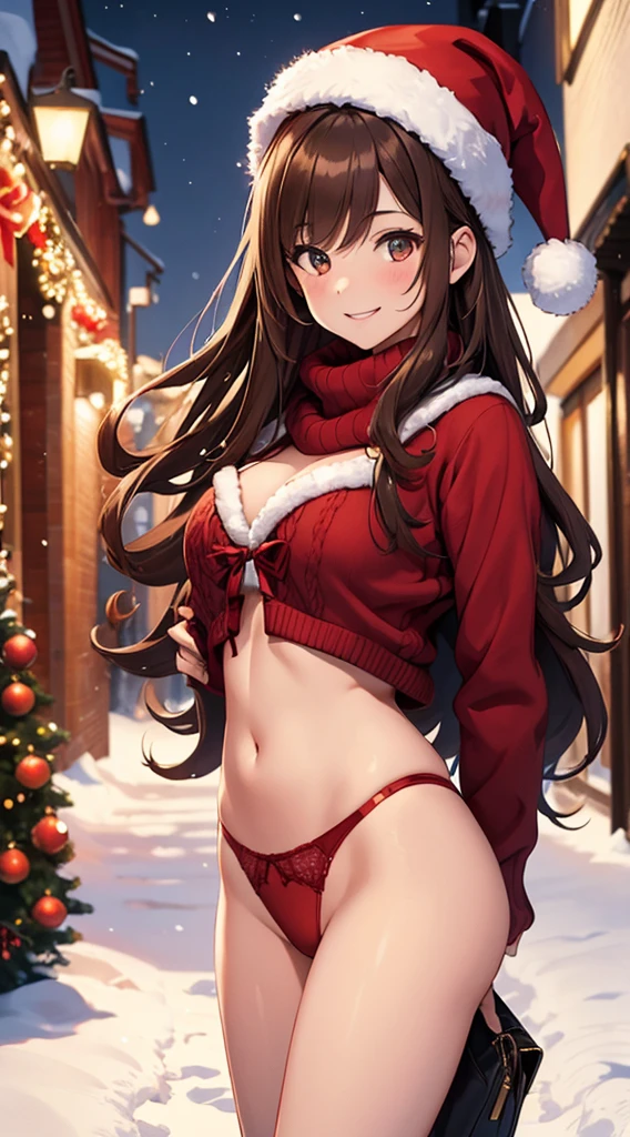 (masterpiece), (best quality), girl standing outside in the snow, wavy brown hair, red lingerie, sweater, santa claus hat, smiling, sexy, perfect body, christmas lights, night