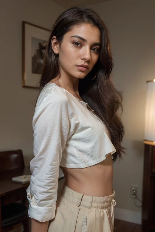 (Best quality, Ultra-detailed, Golden Ratio, Masterpiece:1.2), Studio lighting:0.7, Photorealistic portrait of a beautiful pakistani woman posing at a scenic location, turning her head to the side to showcase a striking earring to the camera. The woman should have a flawless, highly detailed face (Highly Detailed Skin) with soft, luminous skin. Her long hair should be naturally brown and stylishly arranged. The focus of the image  on her face (Sharp Focus on the Face, Perfect Eyes:1.2). The scene should be rendered in muted, warm colors, with the woman standing under a spotlight casting a soft, natural light on her. The photography should feature high-quality film grain (ISO 400, 30mm lens RAW f1.8 aperture, highly detailed) to create the impression of analog photography (Analog Photography:1) with HDR colors,  the scene both realistic and stylish. The image should be a full body shot, from head to toe. The woman should be wearing a modest and colourful clothes