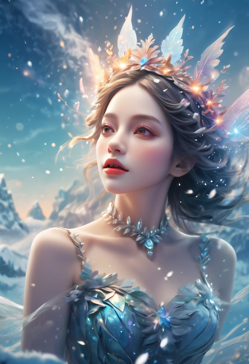 The princess's face appears in the air,(multiple exposure:1.5),winter landscape,Surreal wonderland,Dreamy cloud and fairy island,Big snowflakes,Colorful big snowflakes are flying,A princess'The palace is covered with snow,The tree of life blooms with endless vitality,Twinkling stars in the night sky,Overlapping clouds and fog,Whimsical fantasy landscape art, Beautiful Art Ultra HD 8K, 8K highly detailed digital art, beautiful detailed fantasy, epic dreamlike fantasy landscape, Mysterious and dreamy scenery, Magic fantasy is very detailed, magical scenery, composed...consist of , and Snow Fantasy Floating Fairy Island, detailed fantasy digital art, 8K detailed digital art