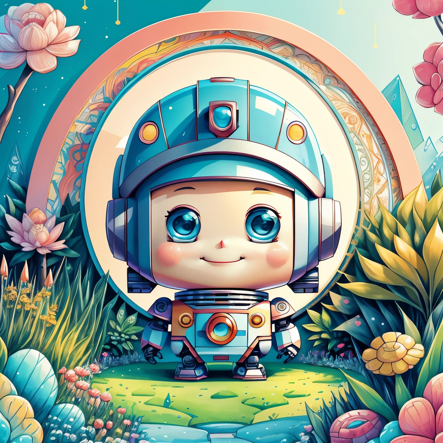 (cute robot smiling in a beautiful garden) Munchkin, Geometric multidimensional wall portrait, livro de arte, Tchibi,
Yang08k, Beautiful, Colouring,
Obras, of the highest quality, best quality, Arte Oficial, Beautiful and Aesthetic,