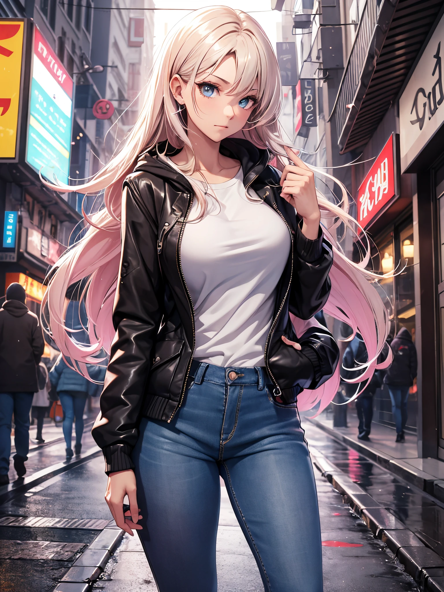 ((masterpiece)), ((best quality)), (ultra-detailed), ((cinematic light)), ((extremely detailed)), (8K), best quality, (beautiful), anime style, (upper body), cute girl, 1girl, solo, beautiful blonde hair, serioulue eyes), white-skinned, long hair, parted bangs, (huge breastlack sweater with hood)), ((hands inside pockets)), tight denim jeans, walking on the street, neon lights, (night)