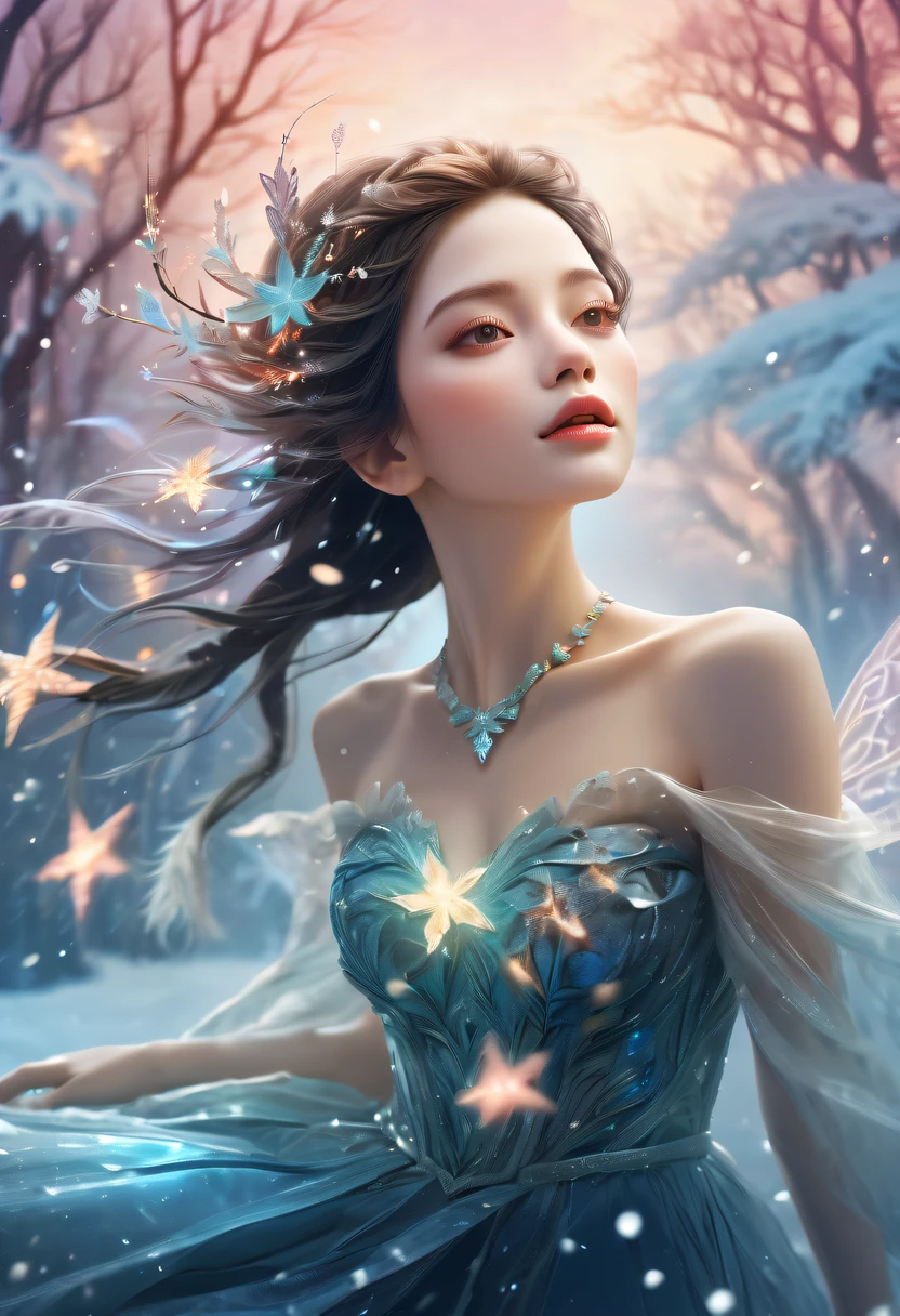 The princess&#39;s face appears in the air，(multiple exposure:1.5),winter landscape，Surreal wonderland，Dreamy cloud and fairy island，Big snowflakes，Colorful big snowflakes are flying，A princess&#39;The palace is covered with snow，The tree of life blooms with endless vitality，Twinkling stars in the night sky，Overlapping clouds and fog，Whimsical fantasy landscape art, Beautiful Art Ultra HD 8K, 8K highly detailed digital art, beautiful detailed fantasy, epic dreamlike fantasy landscape, Mysterious and dreamy scenery, Magic fantasy is very detailed, magical scenery, composed...consist of ,  and Snow Fantasy Floating Fairy Island, detailed fantasy digital art, 8K detailed digital art